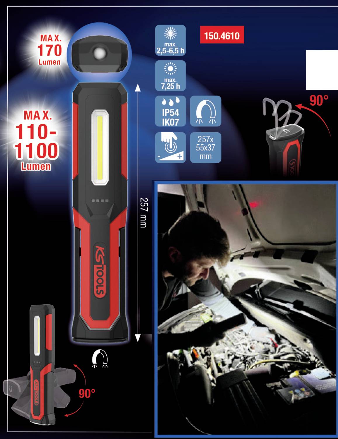 KS Tools 150.4610 LED Handlampe akkubetrieben 1100lm 7.25h 390g