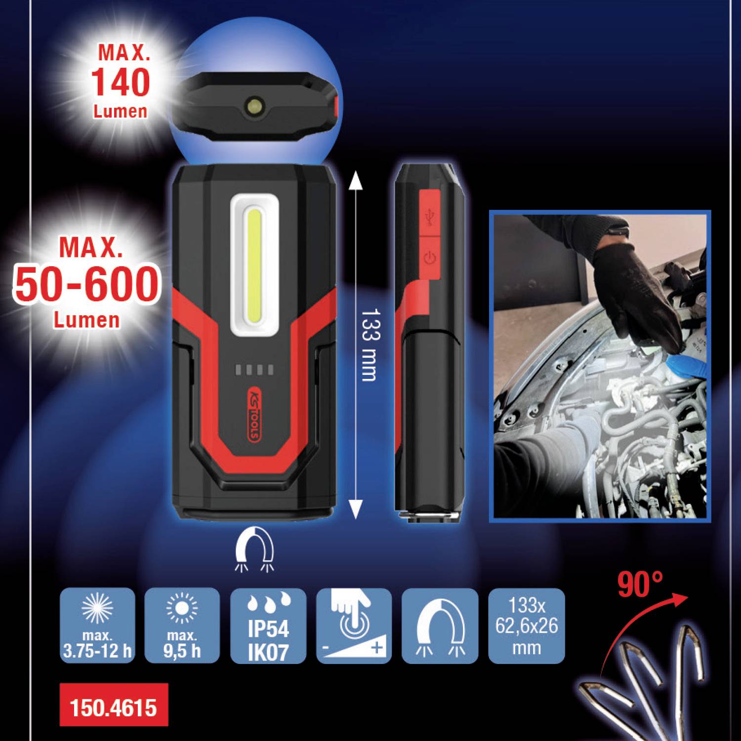 Tragbare LED-Lampe, 50-600 Lumen. Seitlich ein Haken, 90-Grad-Drehung möglich. Abgebildet bei Autofahrzeuginstandsetzung. IP54, 150.4615.