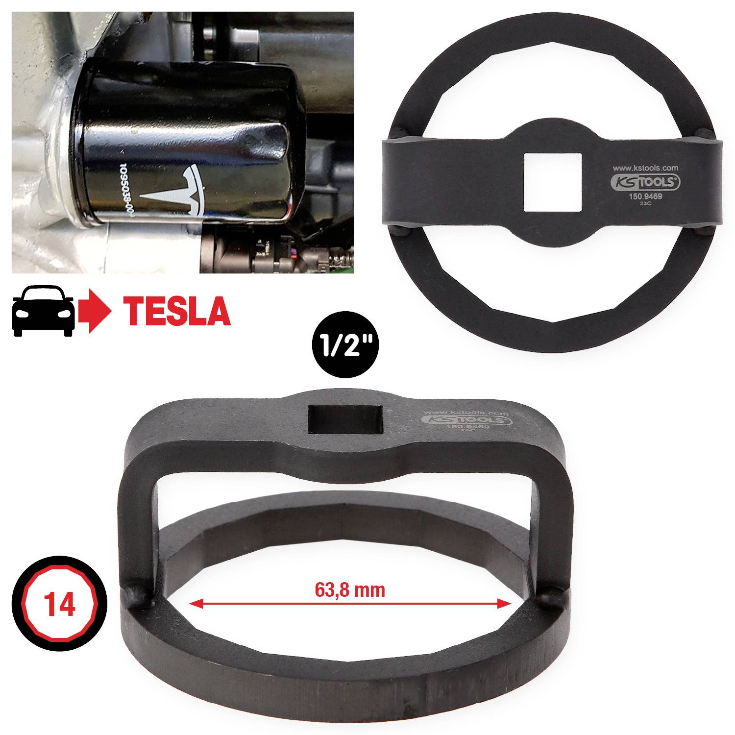 KS Tools 150.9469 1/2" Ölfilterschlüssel für Tesla, Ø 63,8mm / 14 Flächen
