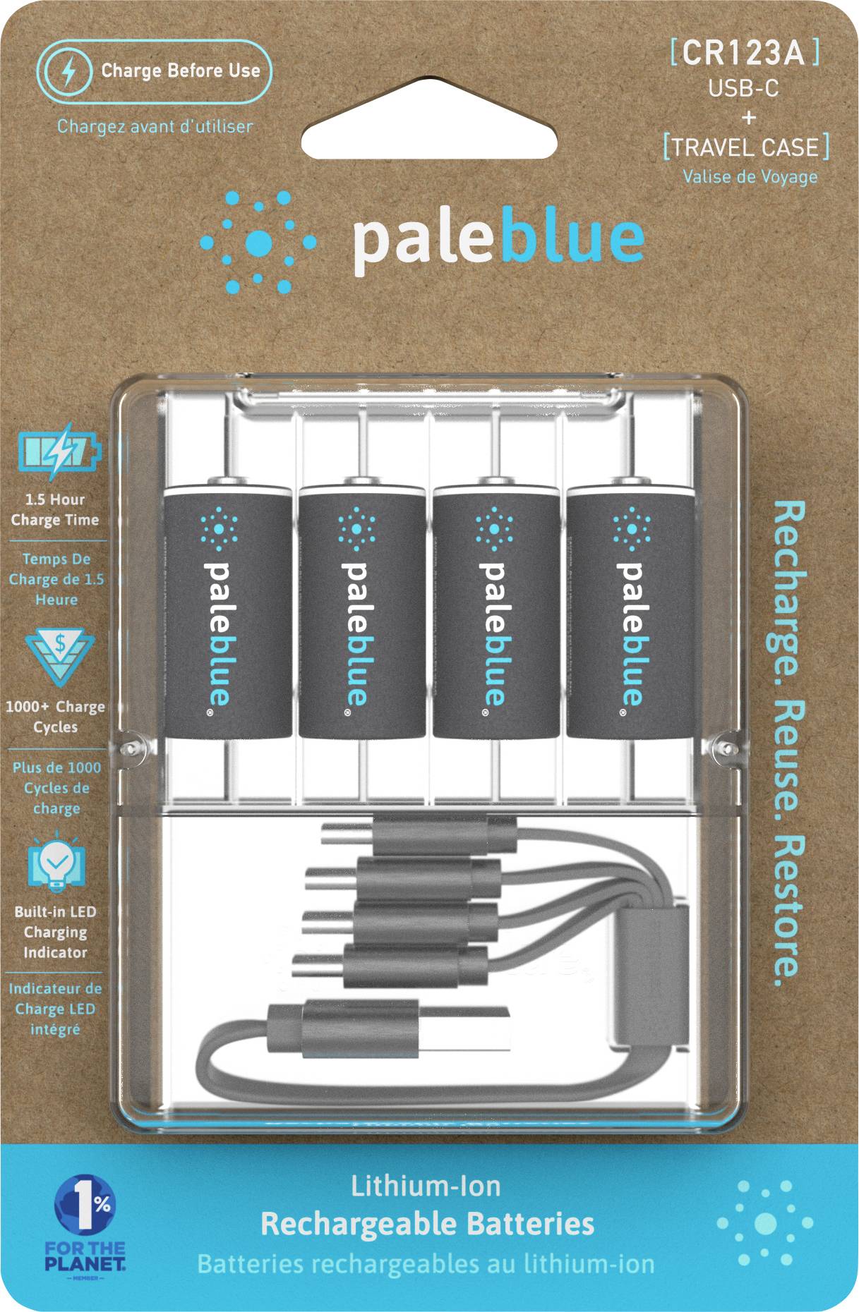 'Pale blue' wiederaufladbare Lithium-Ionen-Batterien in einer transparenten Verpackung, inklusive Ladekabel. Schnellladefunktion hervorgehoben.