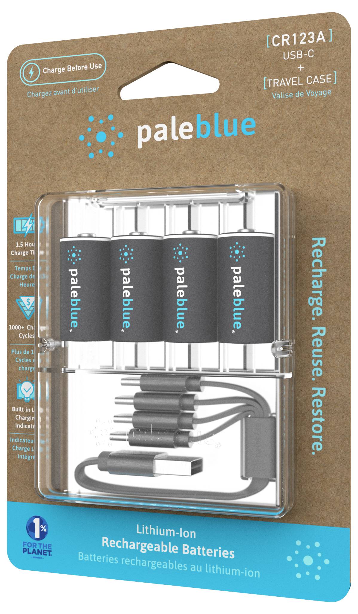 Vier Lithium-Ionen-Akkus von 'paleblue' in einer Verpackung mit USB-C-Ladekabel und Reiseetui, betont Wiederverwendbarkeit.