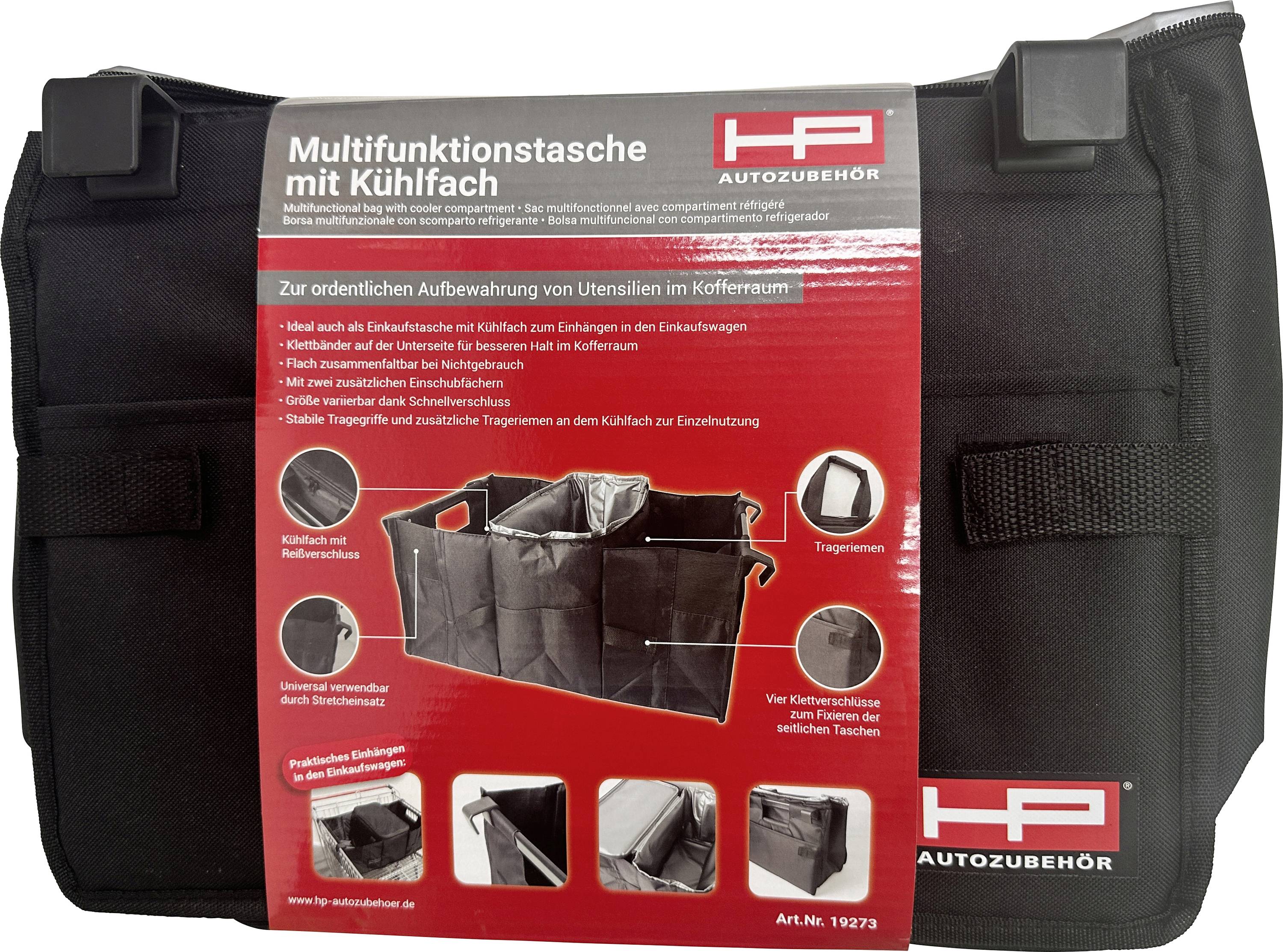 Eine schwarze Multifunktionstasche mit Kühlfach, gezeigt in einer Verpackung. Enthält technische Details und Anwendungen für den Kofferraum.