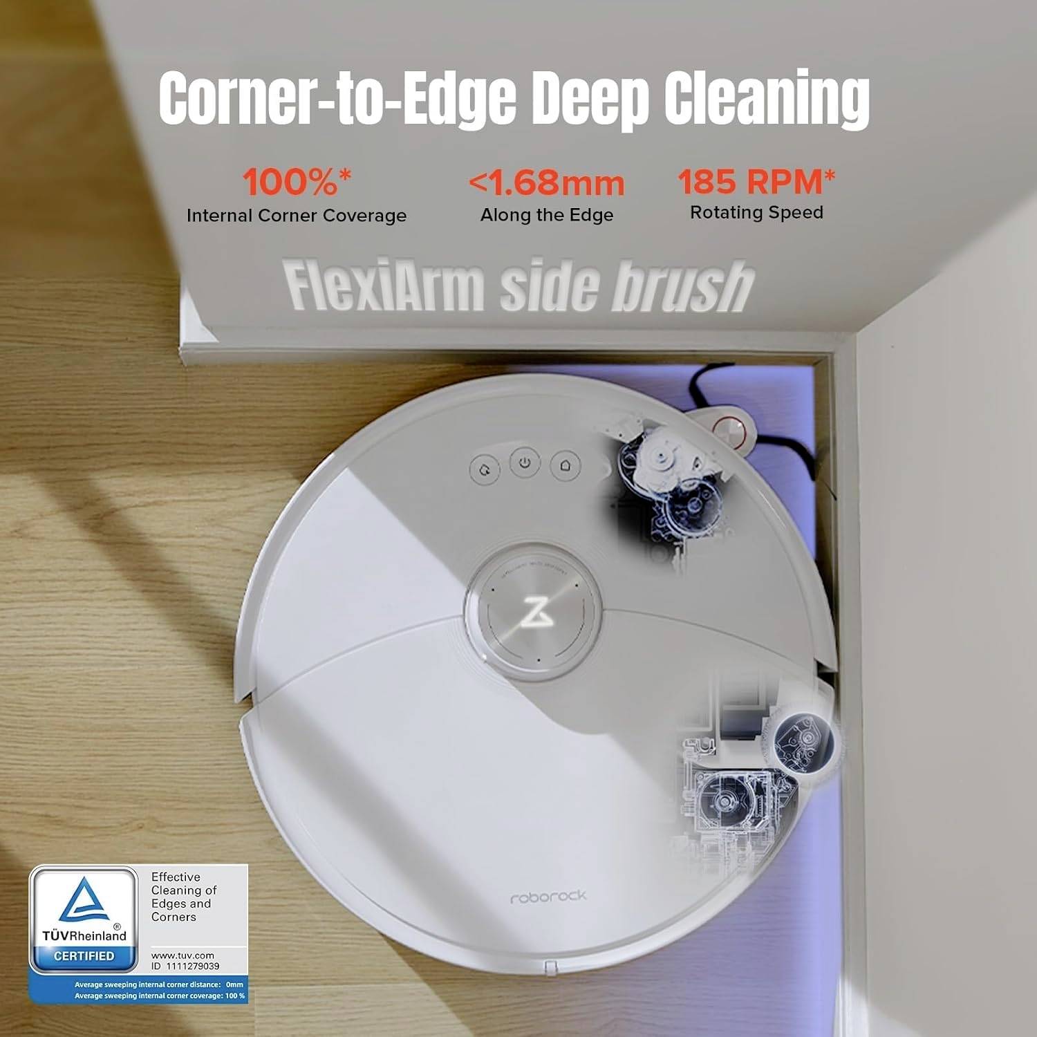 A robot vacuum cleaner is cleaning a corner. Text shows 