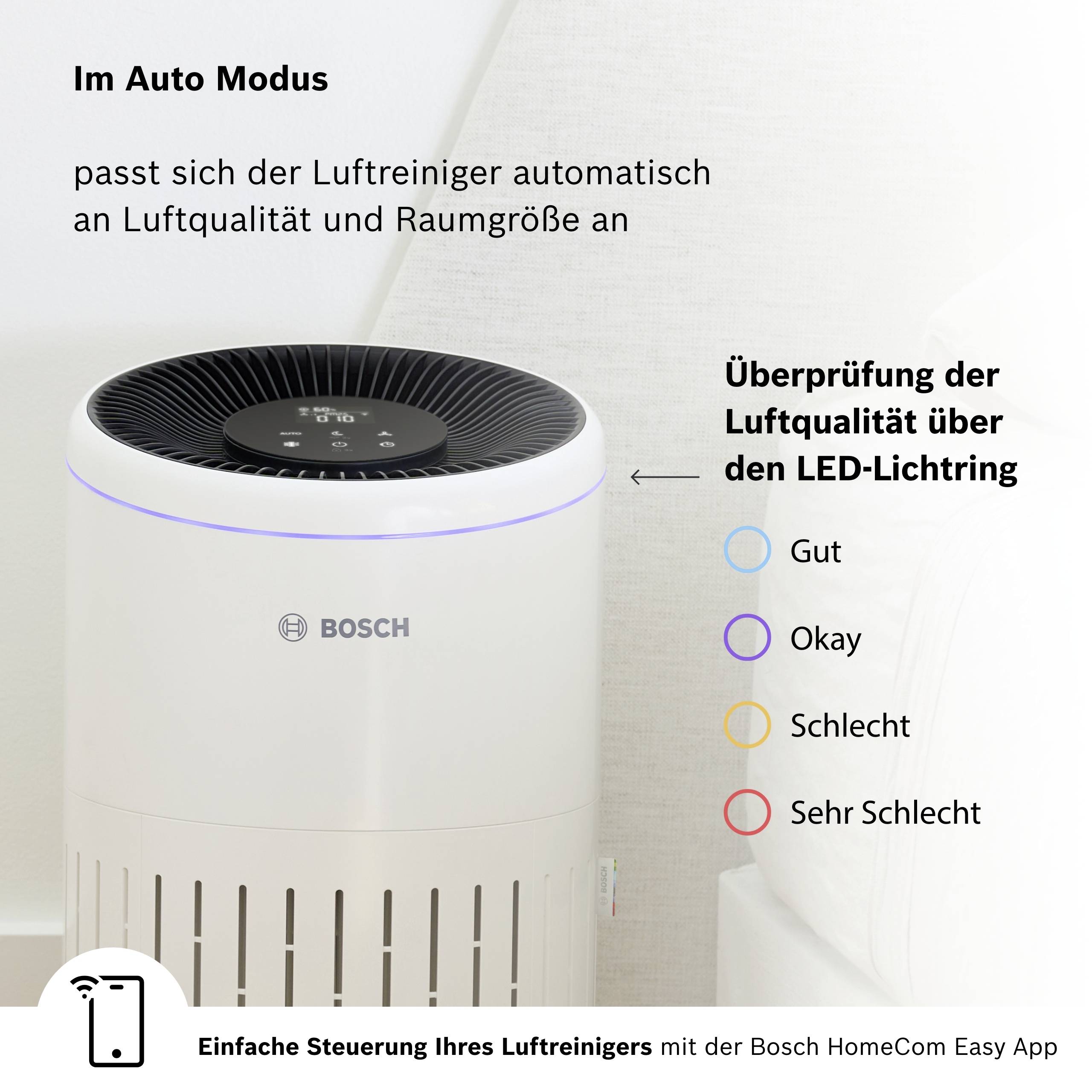 Luftreiniger im Auto Modus zeigt Luftqualität über LED: Gut, Okay, Schlecht, Sehr Schlecht. Steuerung per Bosch HomeCom Easy App.