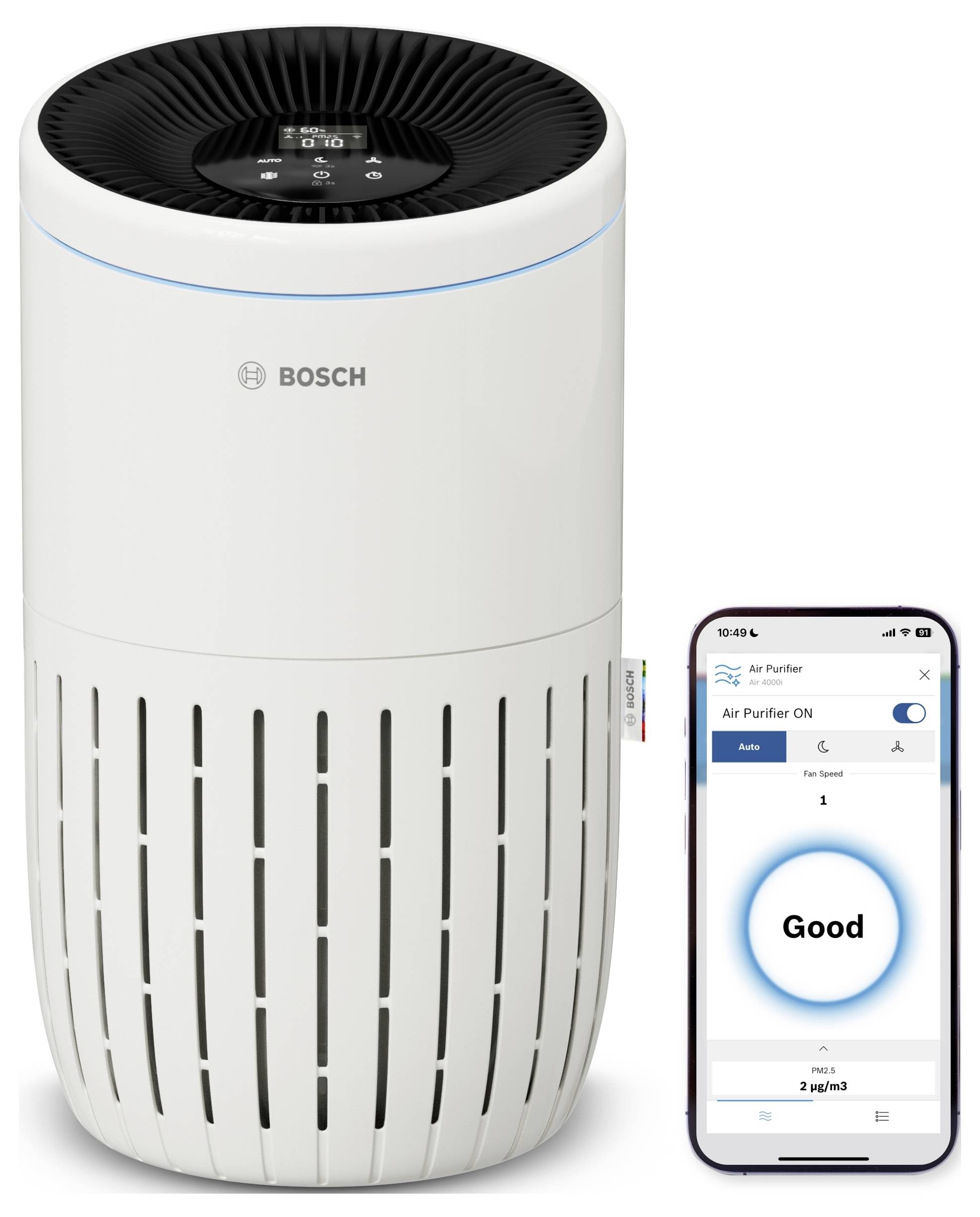 Luftreiniger von Bosch mit digitalem Display; zeigt die Verbindung mit einer App auf einem Smartphone, die Luftqualität als 'Gut' anzeigt.