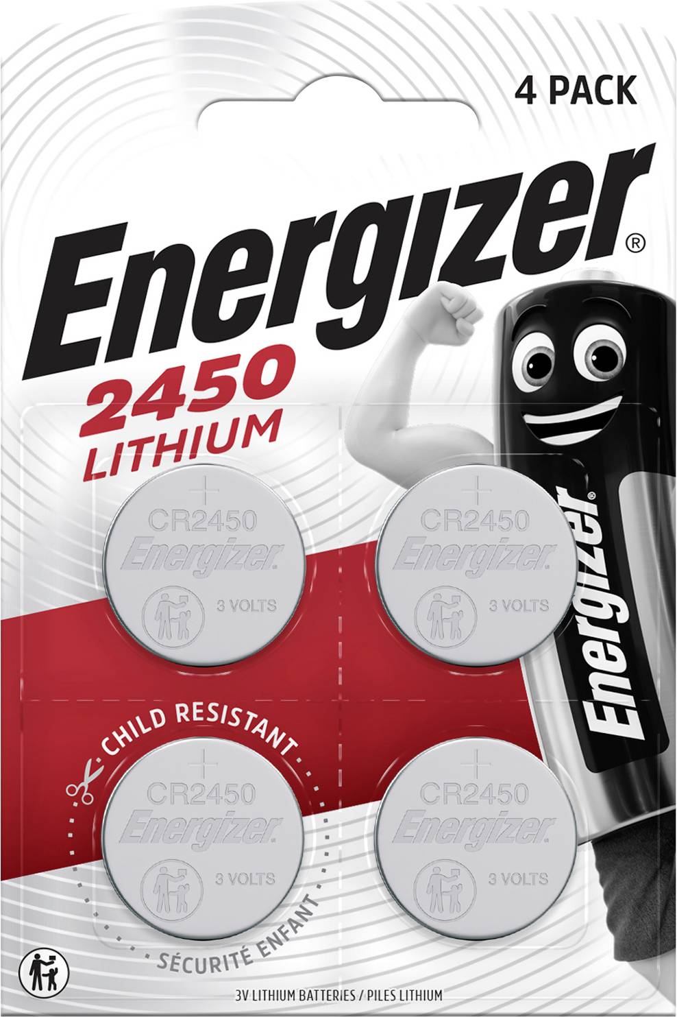 Vier 3V Lithium-Knopfzellen-Batterien von Energizer, Modell CR2450, in kinderresistenter Verpackung.