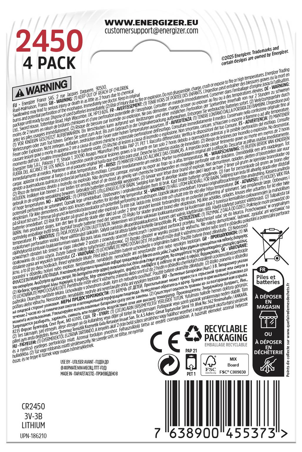 Viererpack Energizer Lithium-Batterien CR2450 3V-3B. Warnhinweise und Recyclingsymbole auf der Verpackungsrückseite.