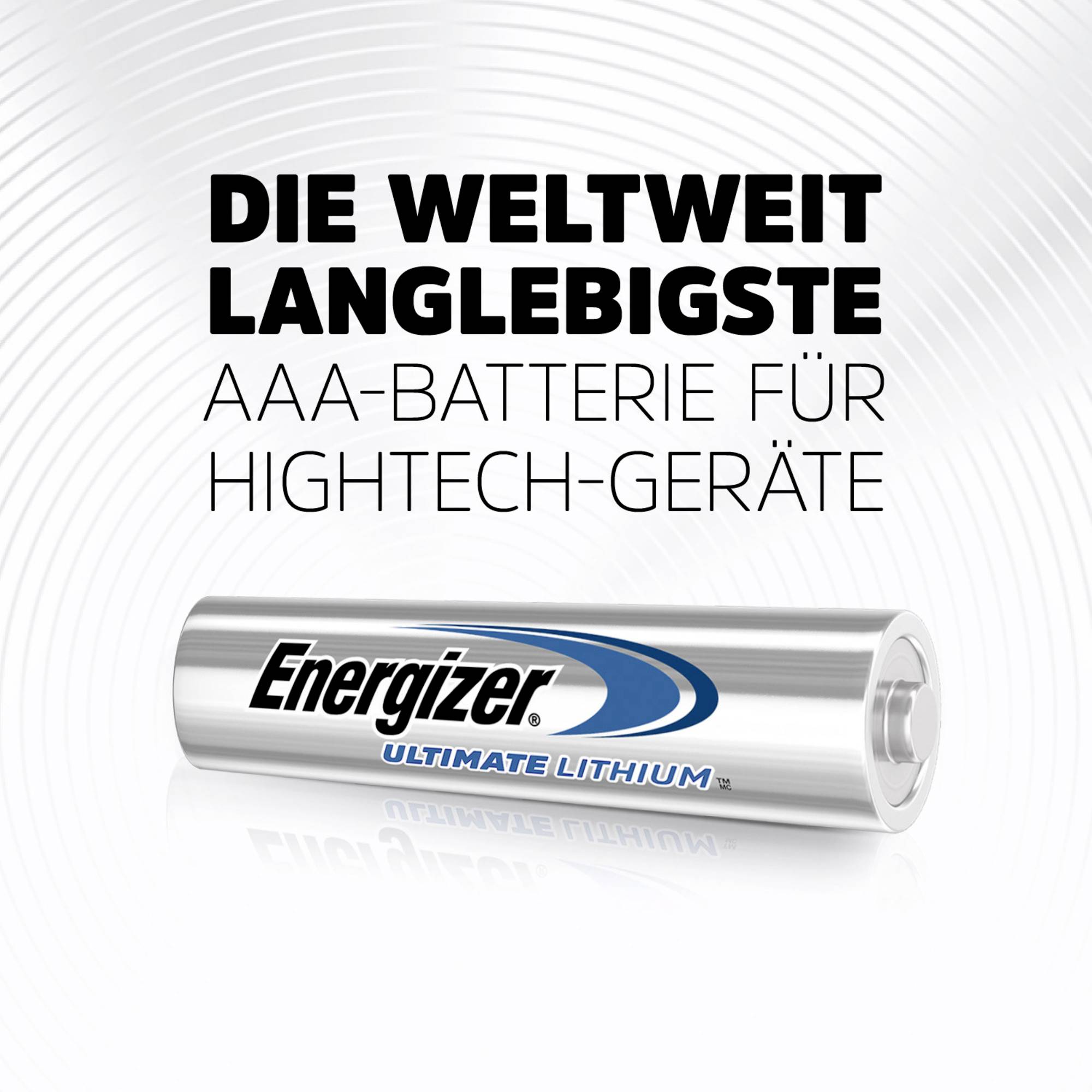 Eine silberne AAA-Batterie der Marke Energizer Ultimate Lithium mit dem Text 'Die weltweit langlebigste AAA-Batterie für Hightech-Geräte'.