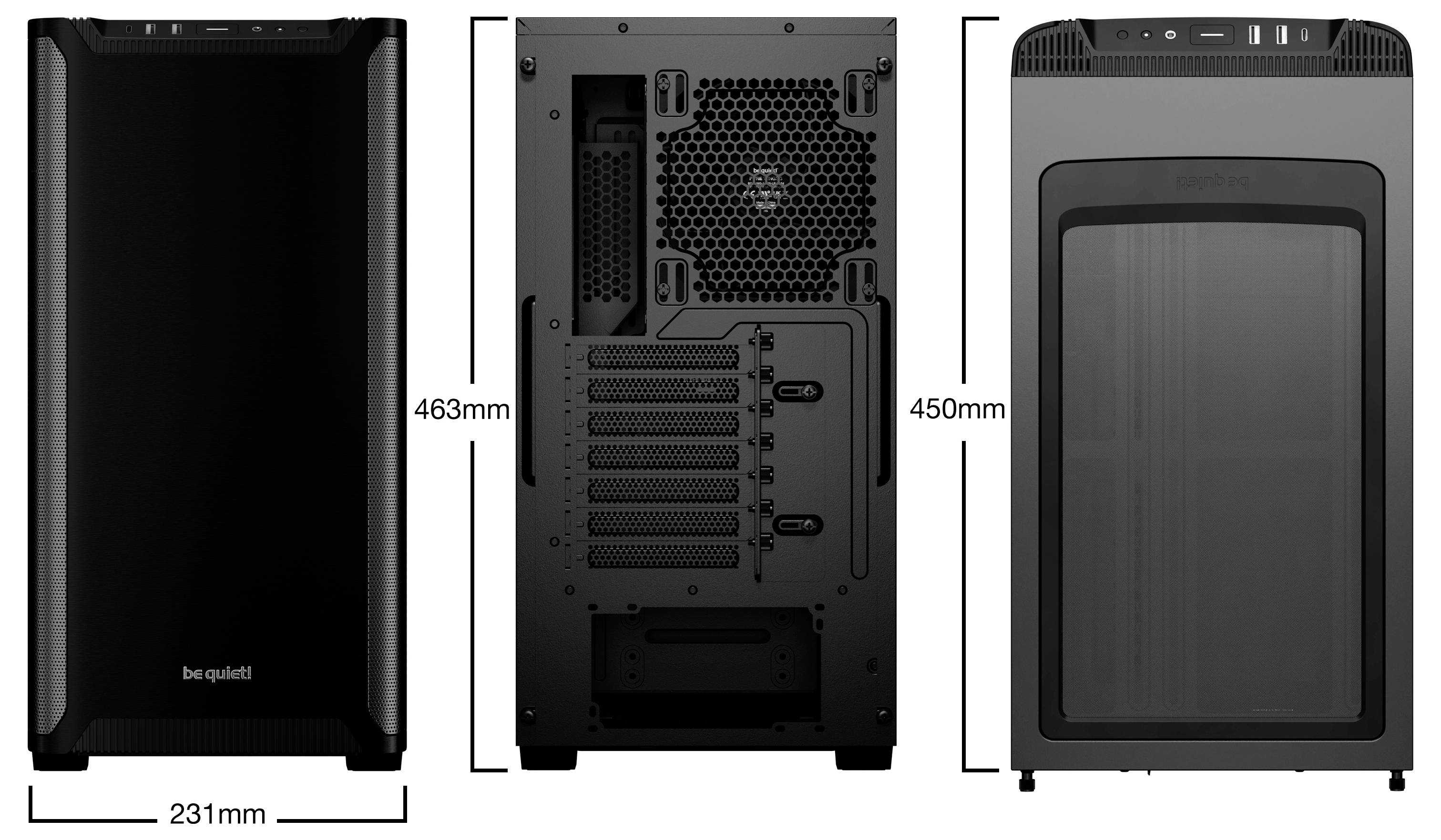 PC-Gehäuse von vorne, hinten und oben gesehen. Maße: 231mm Breite, 450mm Tiefe, 463mm Höhe. Herstellerlogo unten auf der Vorderseite.