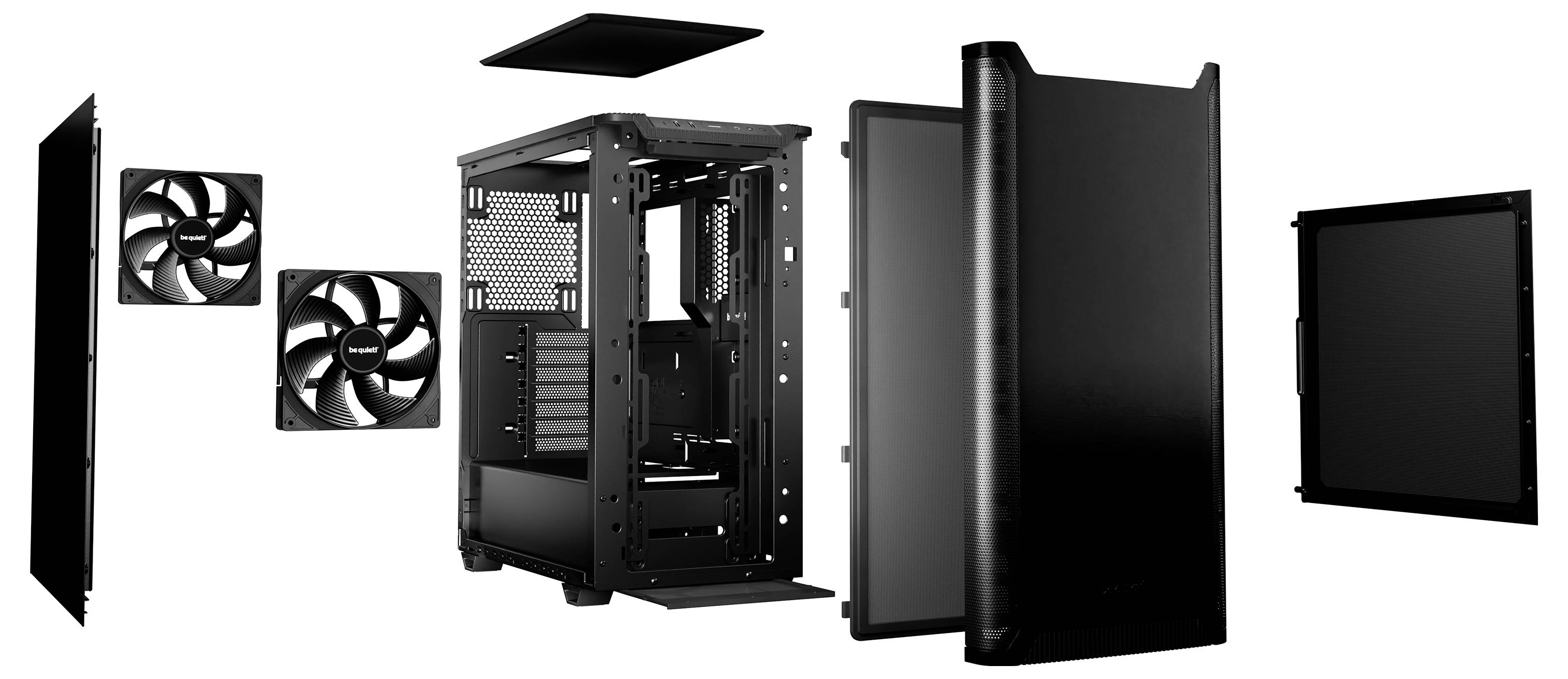 Explodierte Ansicht eines schwarzen Computergehäuses mit seitlichen und oberen Abdeckungen sowie zwei Lüftern, die die interne Struktur zeigen.