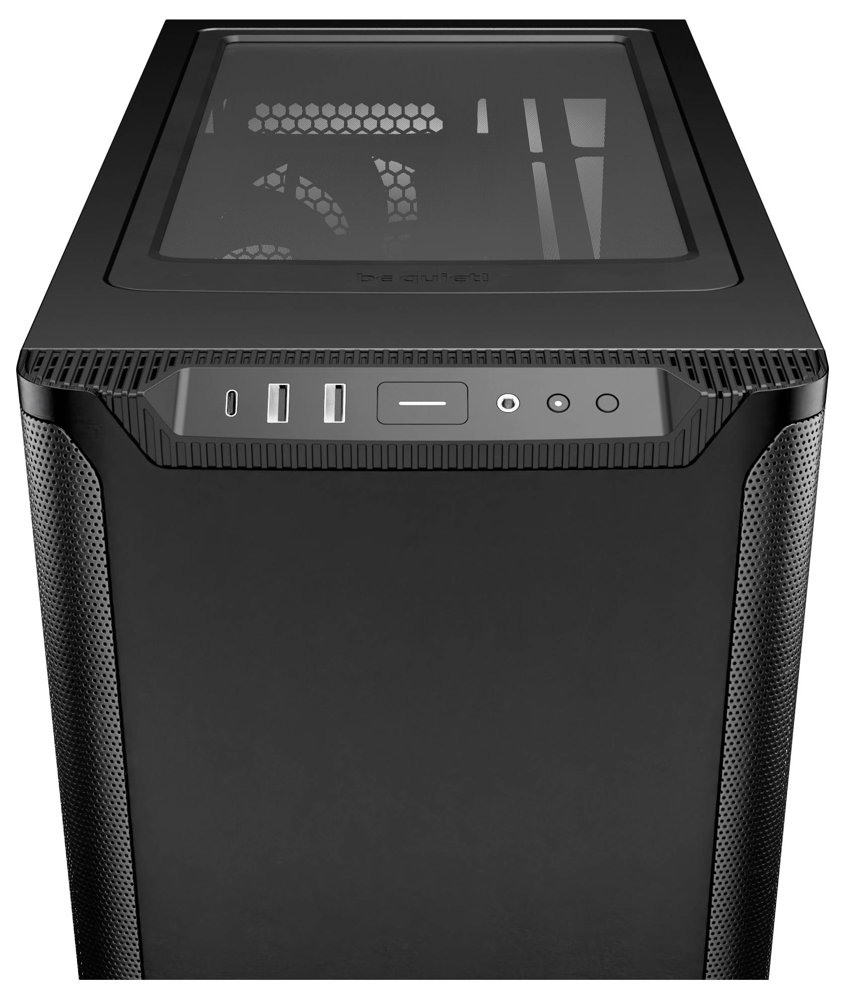 Schwarzes Computergehäuse mit transparentem oberem Panel und Frontanschlüssen. Schlichtes Design, geeignet für vielseitigen Einsatz.