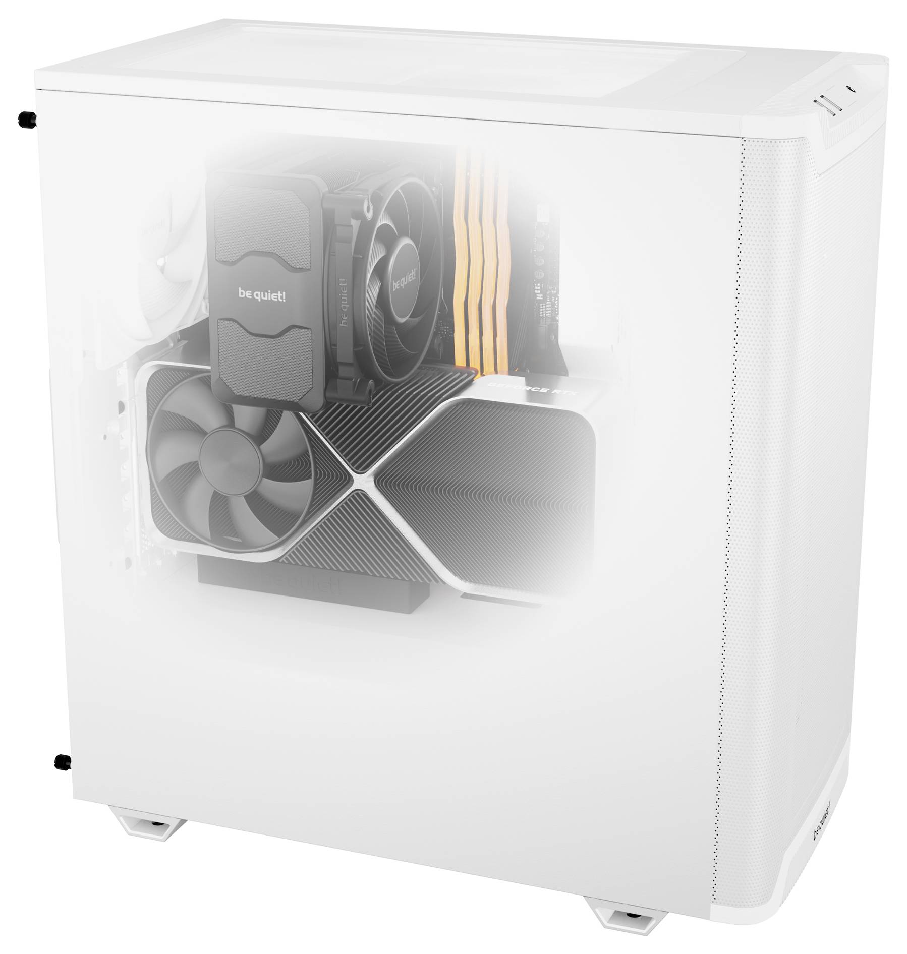 Weißes PC-Gehäuse mit transparentem Fenster, das Kühlung und Hardware-Komponenten wie CPU-Kühler und Grafikkarte zeigt.