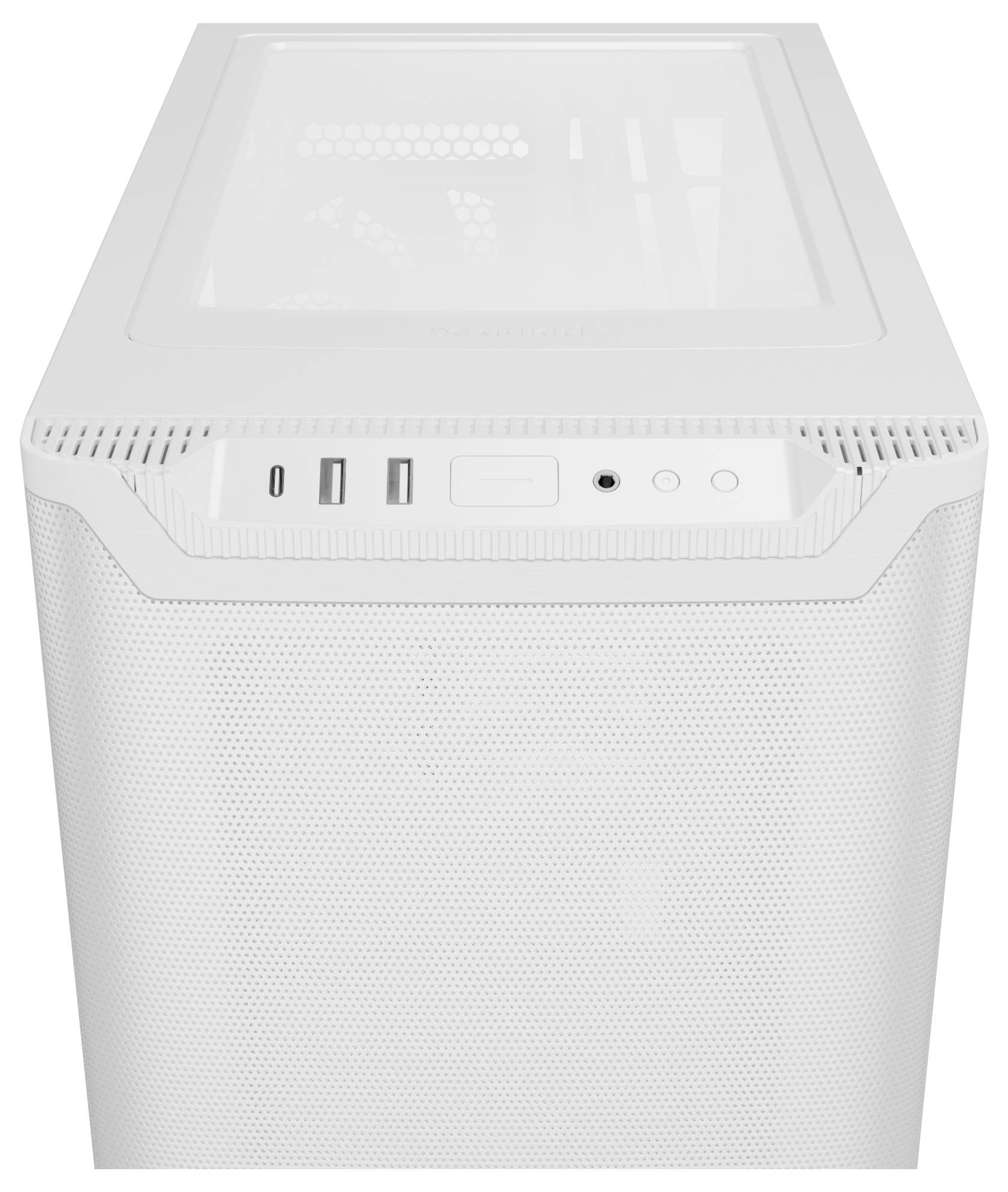 Ein weißes Computergehäuse von oben, mit USB-Anschlüssen, einem Audioanschluss und einem Ein-/Ausschalter an der Vorderseite.