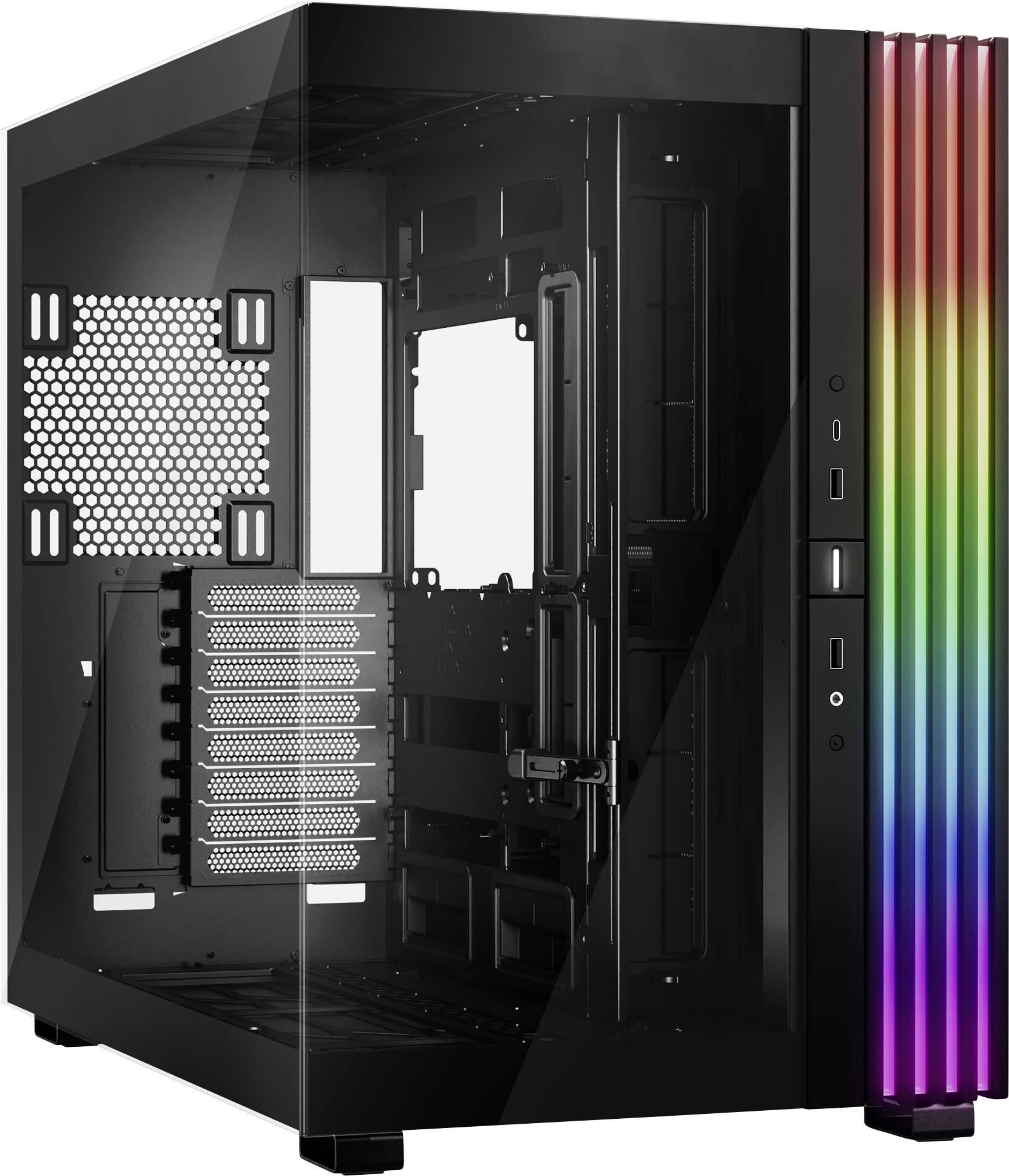 Schwarzes Computergehäuse mit RGB-Beleuchtung auf der rechten Seite, transparentes Seitenpanel, bietet mehrere Erweiterungsslots.