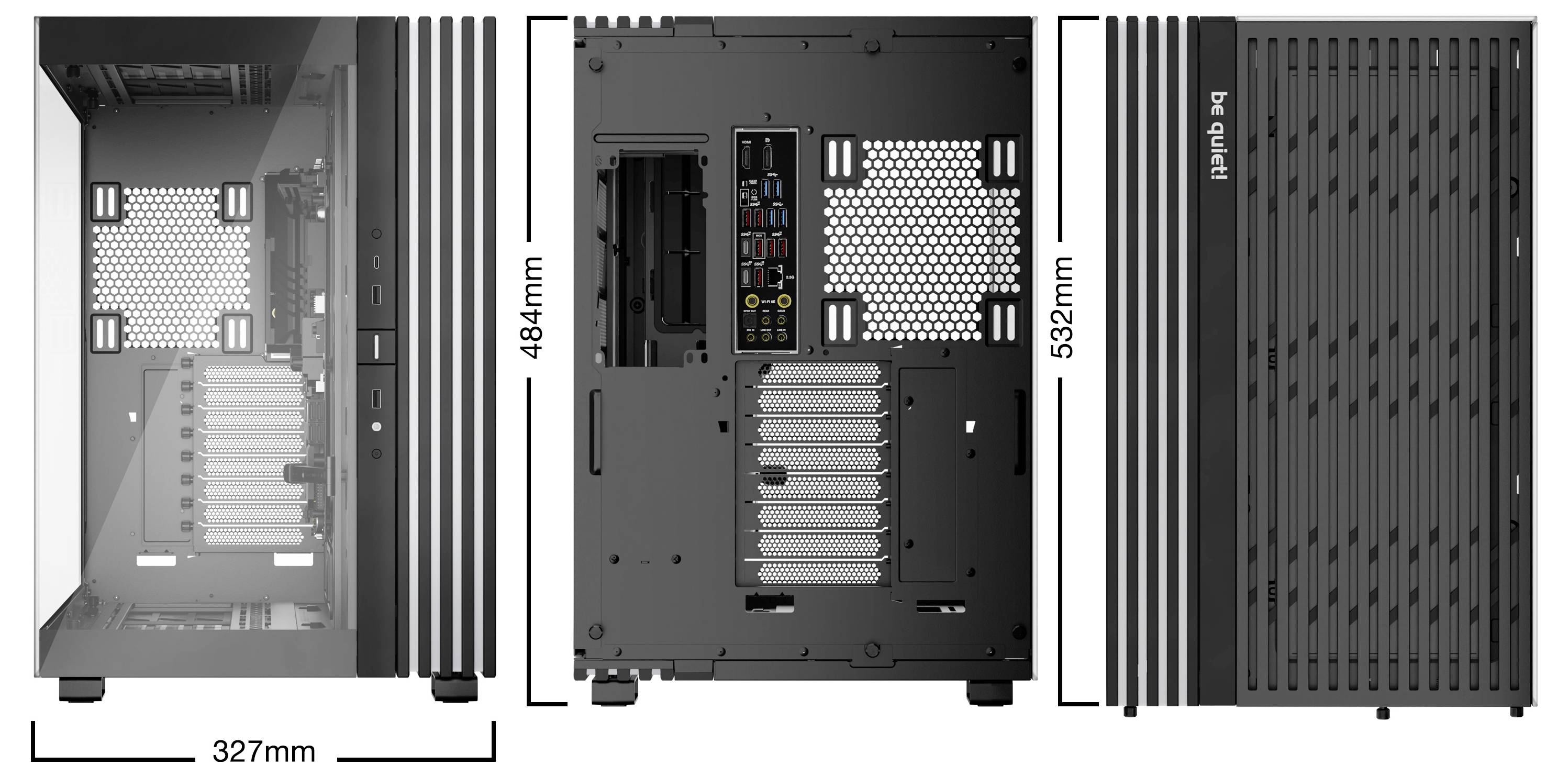 PC-Gehäuse in drei Ansichten: Seitenansicht mit Innenraum, Rückansicht mit Anschlüssen, Vorderansicht mit Lüftungsschlitzen. Maße: 327mm tief, 484mm hoch, 532mm lang.