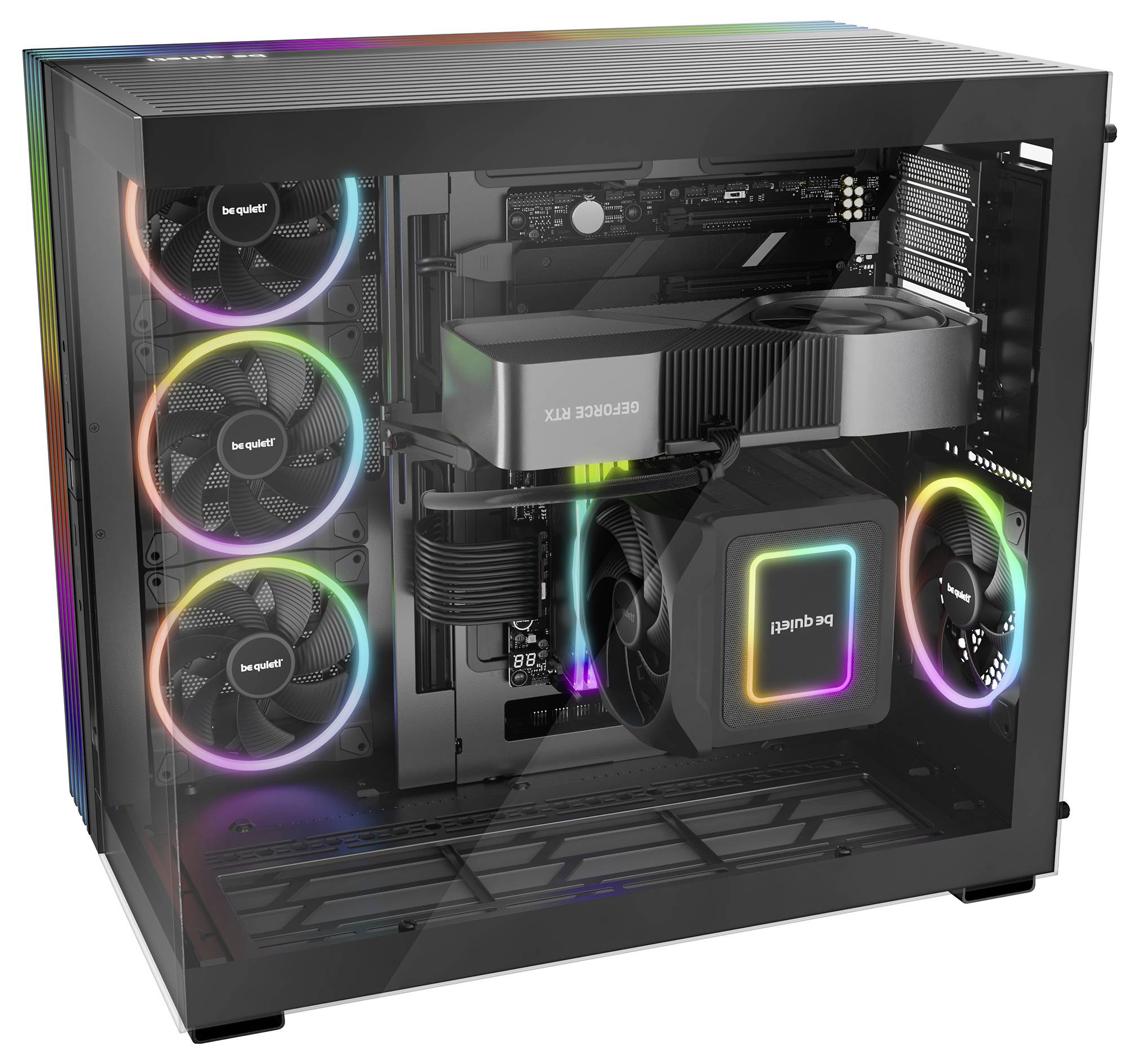 Ein geöffneter Gaming-PC zeigt die Innenkomponenten wie Grafikkarte, Lüfter und RGB-Beleuchtung.