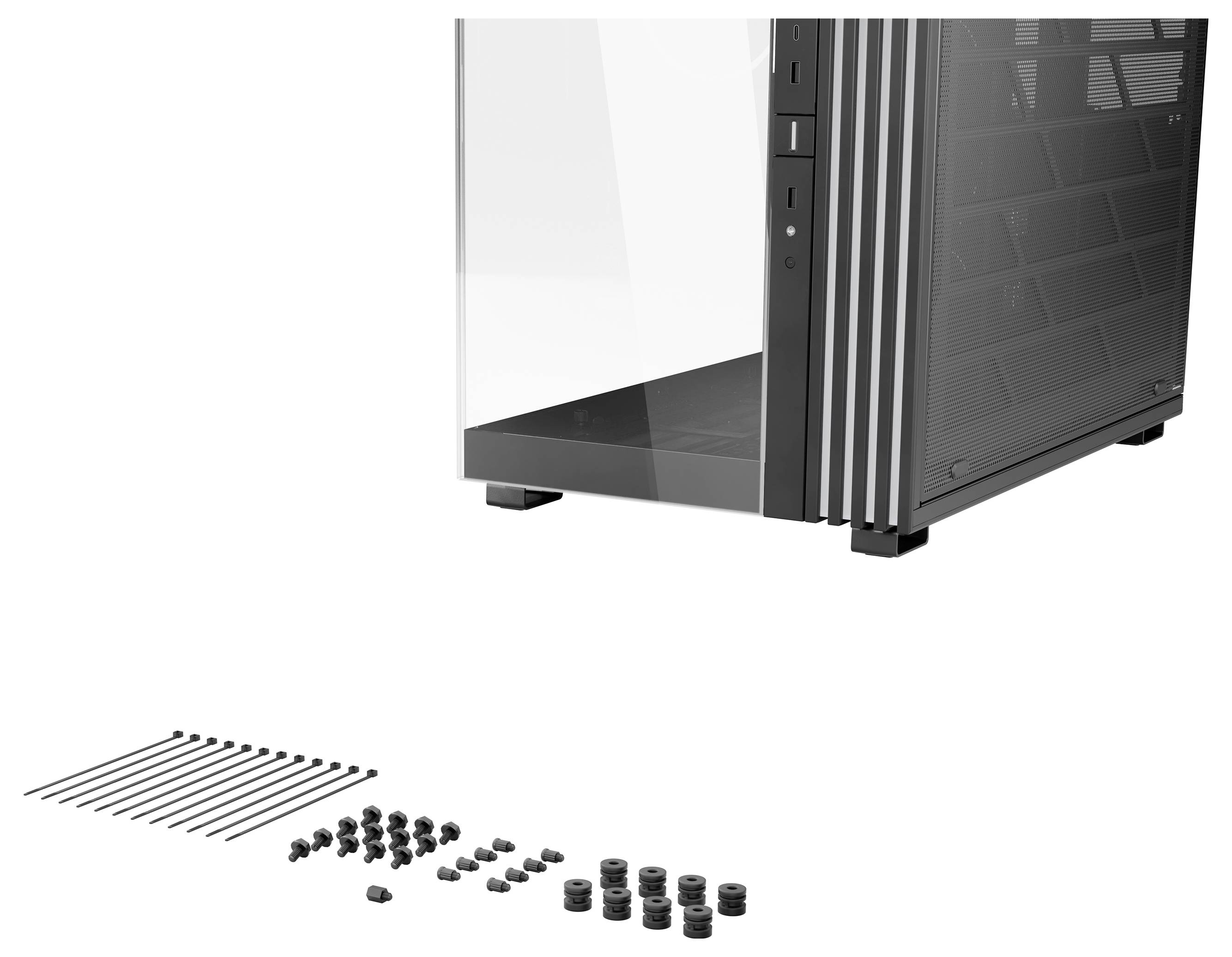 Ein PC-Gehäuse aus Glas und Metall. Davor liegen Schrauben und Kabelbinder zur Montage.