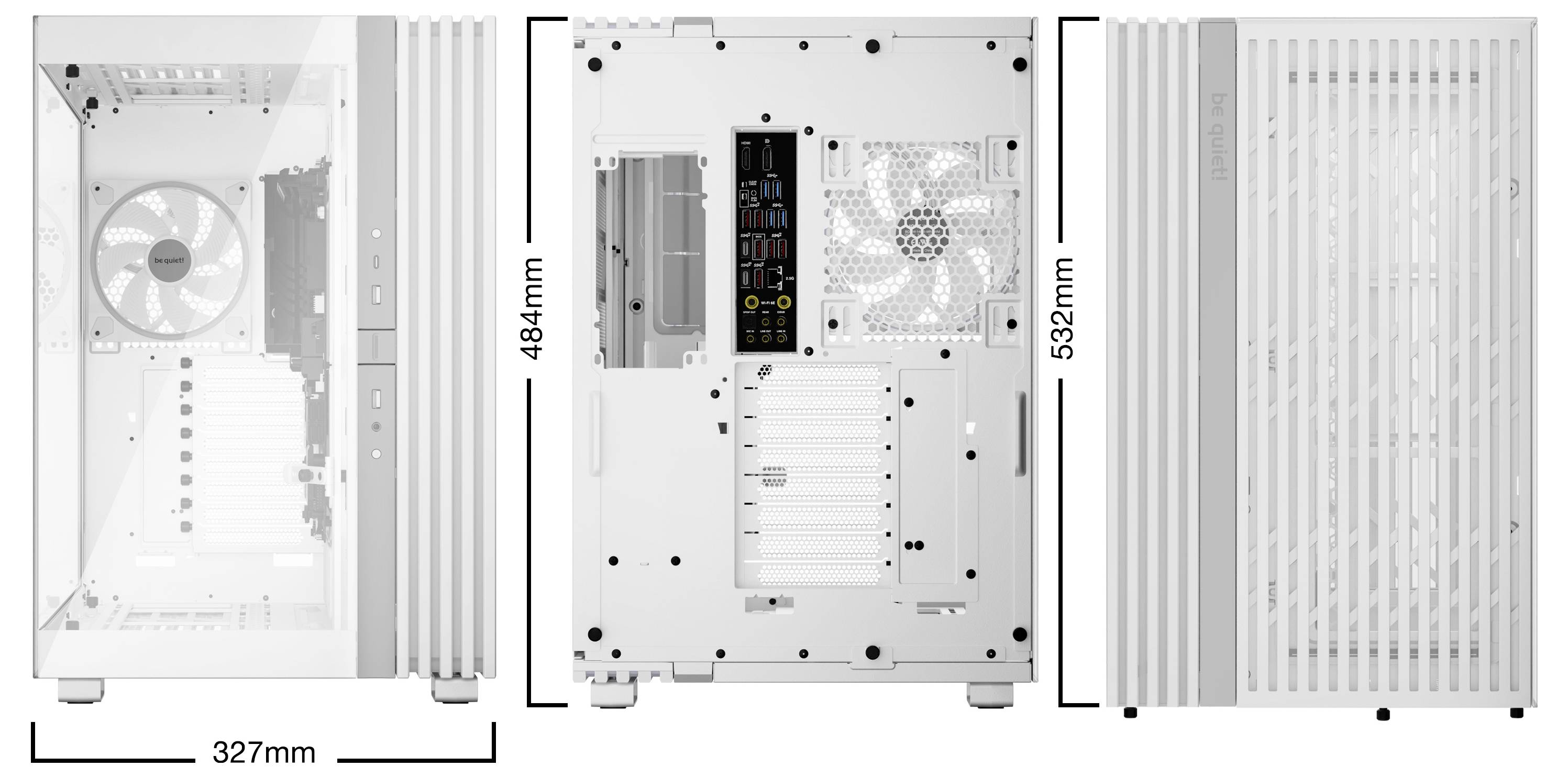 Computergehäuse in Weiß, hervorgehoben durch Lüftungsschlitze, mit Maßen: Breite 327mm, Höhe 484mm, Tiefe 532mm.