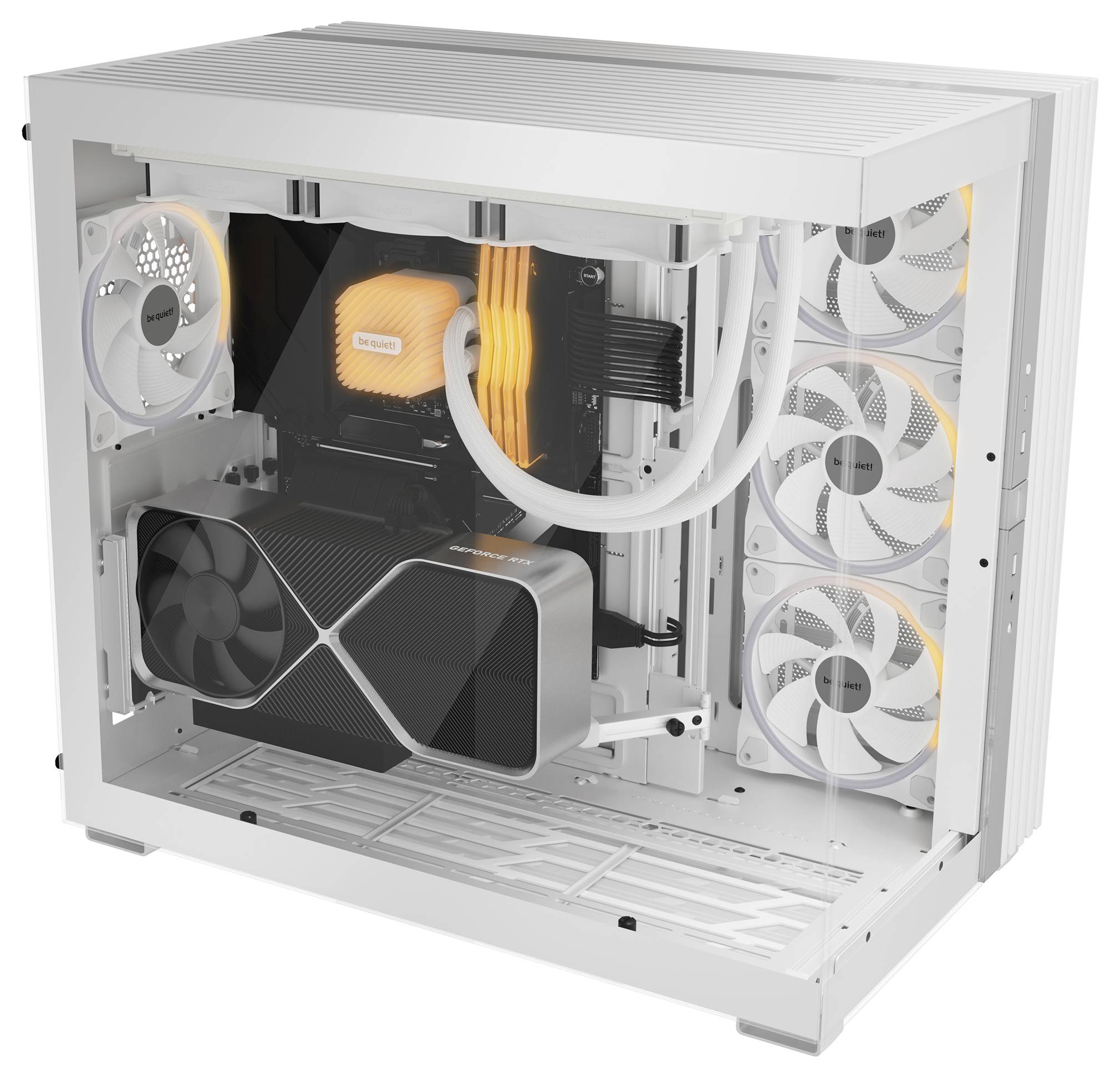 Ein offenes Computergehäuse mit einem großen Grafikkartenlüfter, mehreren beleuchteten Lüftern und sichtbaren orangefarbenen Kabeln.