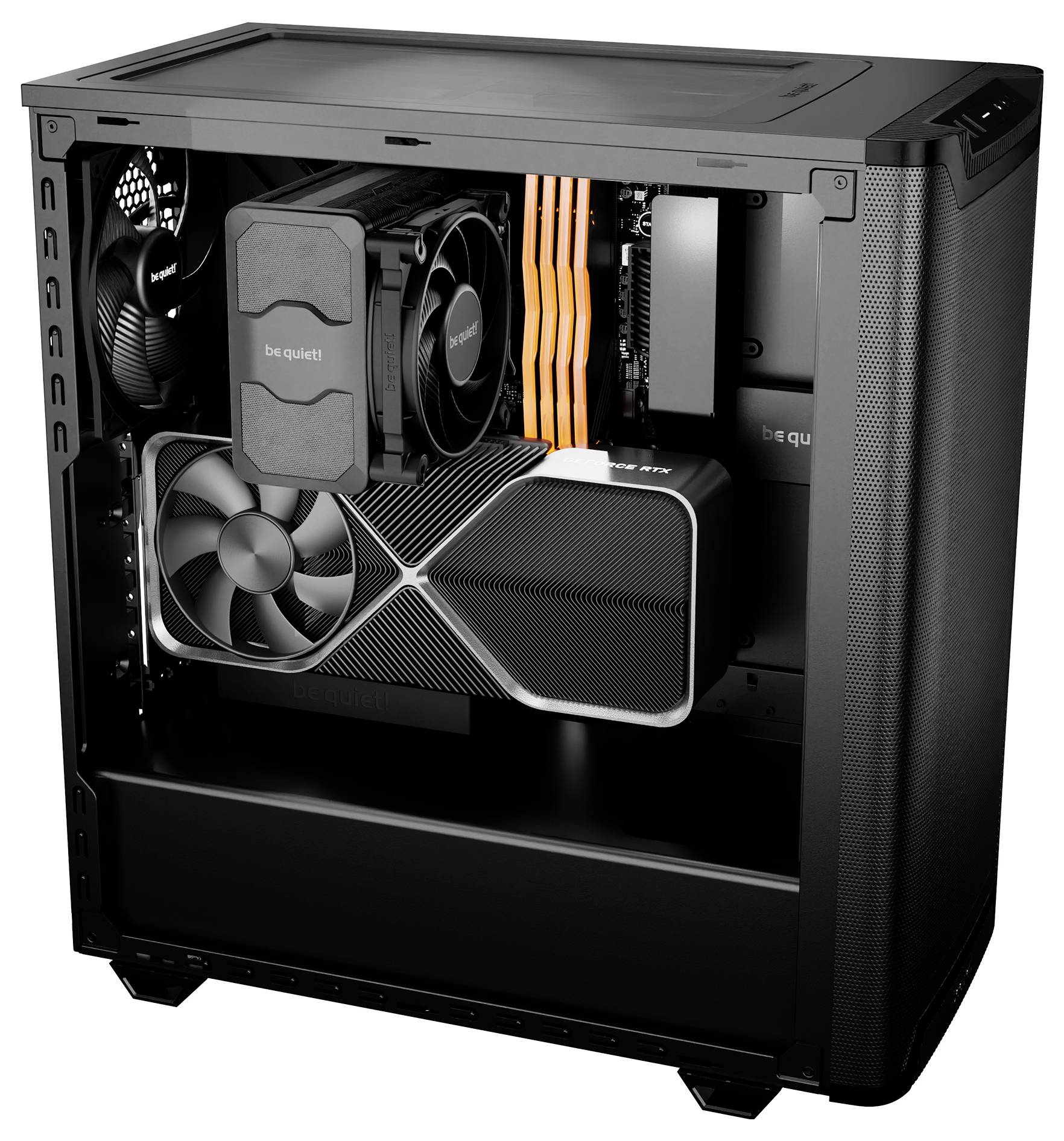 Ein geöffneter Computer mit leistungsstarker Grafikkarte, Lüfter und Wärmeleitpads, zeigt innere Hardwarekomponenten kompakt montiert.