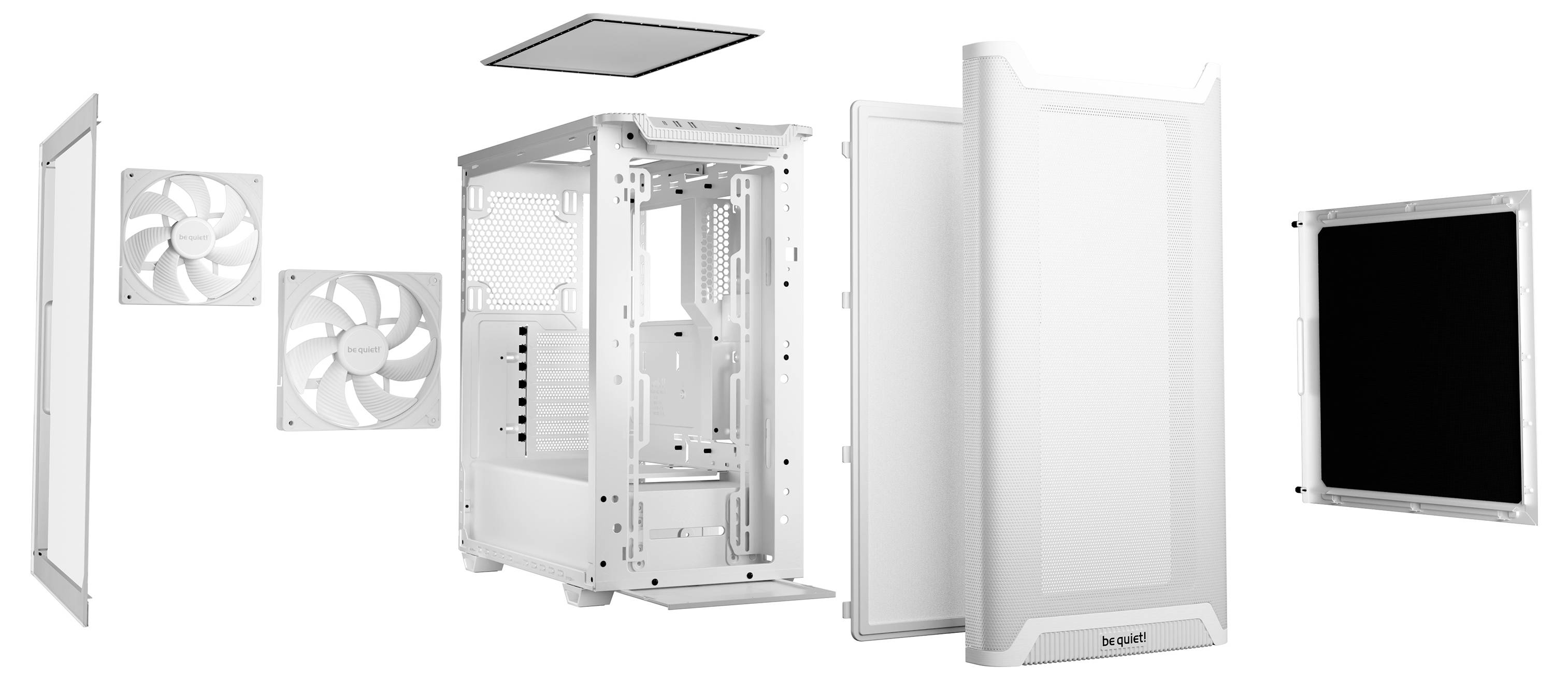 Ein weißes Computer-Gehäuse von be quiet! mit abnehmbaren Front- und Seitenteilen sowie zwei Lüftern und Staubfilter, einzeln dargestellt.