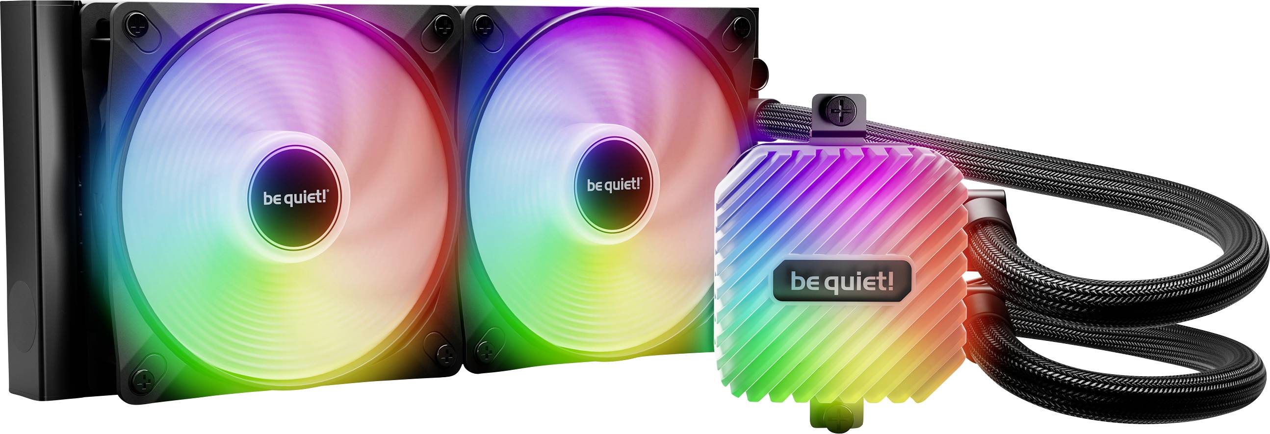 Flüssigkeitskühlungssystem mit zwei RGB-Lüftern und buntem Kühlkörper von 'be quiet!'. Ideal für leistungsstarke Computerkühlung.
