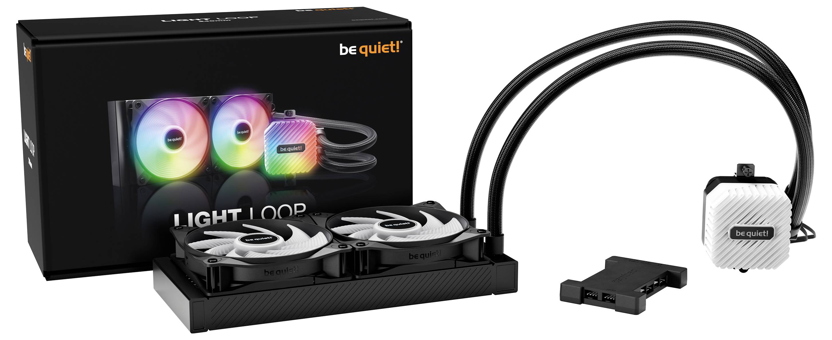 PC-Kühlersystem von 'be quiet!' mit zwei Lüftern und RGB-Beleuchtung, verpackt neben seinem Karton mit Bild des Kühlersystems.