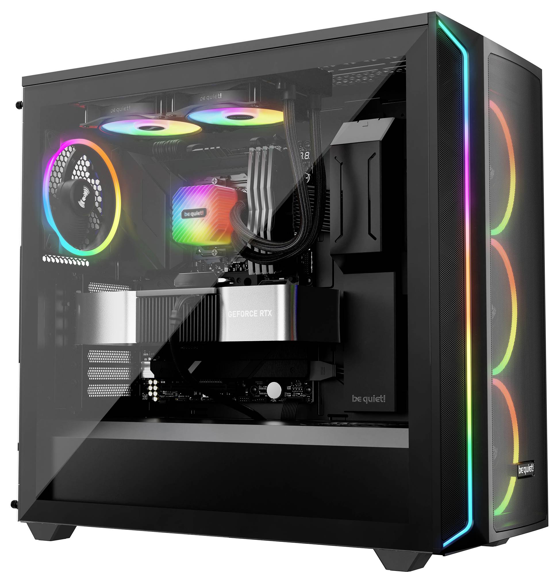 Ein moderner Gaming-PC mit RGB-Beleuchtung, durchsichtige Seitenblende zeigt Hauptkomponenten wie Grafikkarte und Lüfter.