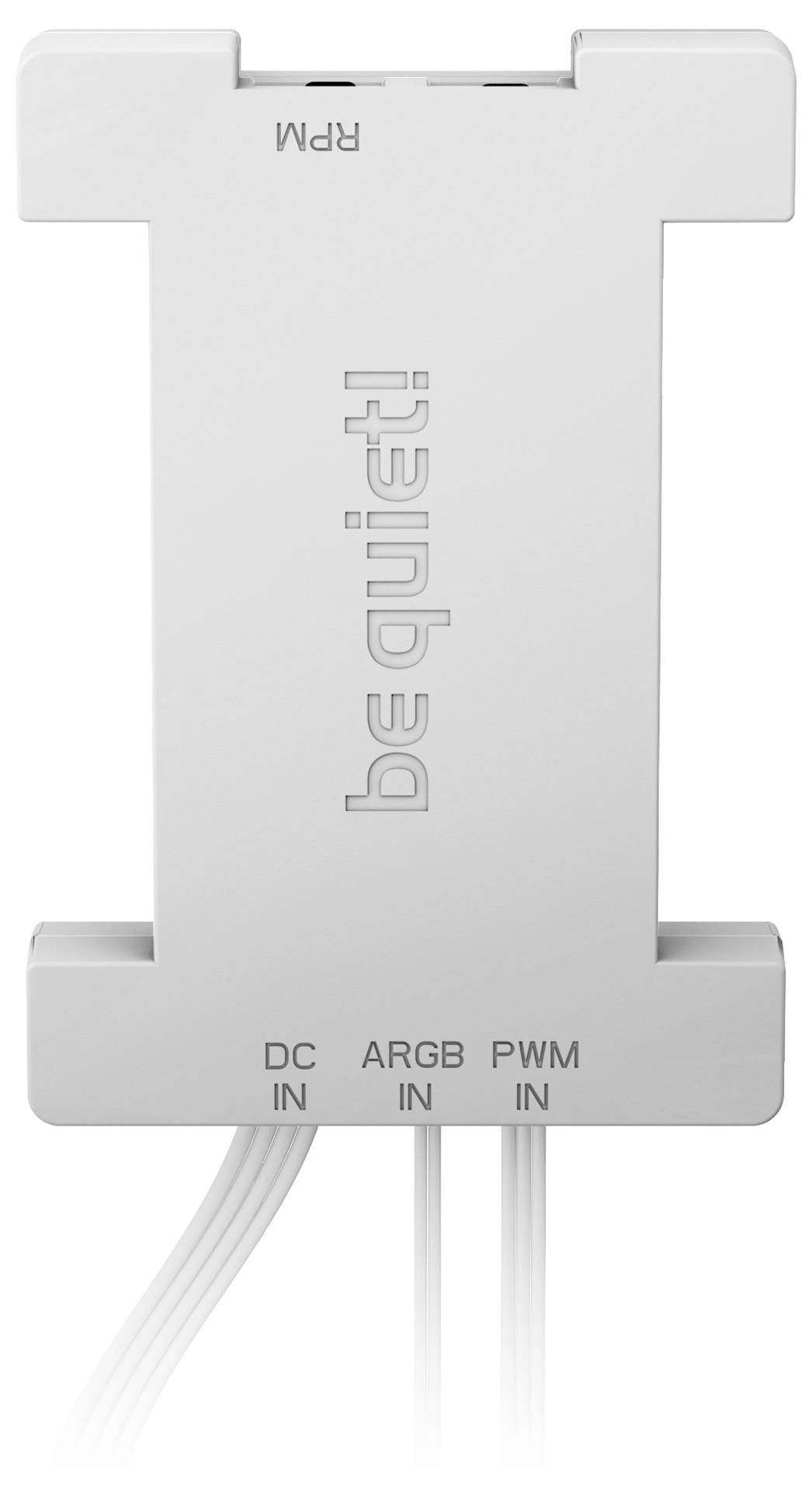 Das Bild zeigt einen weißen PWM und ARGB Hub von 'be quiet!' mit drei Anschlüssen für DC, ARGB und PWM.