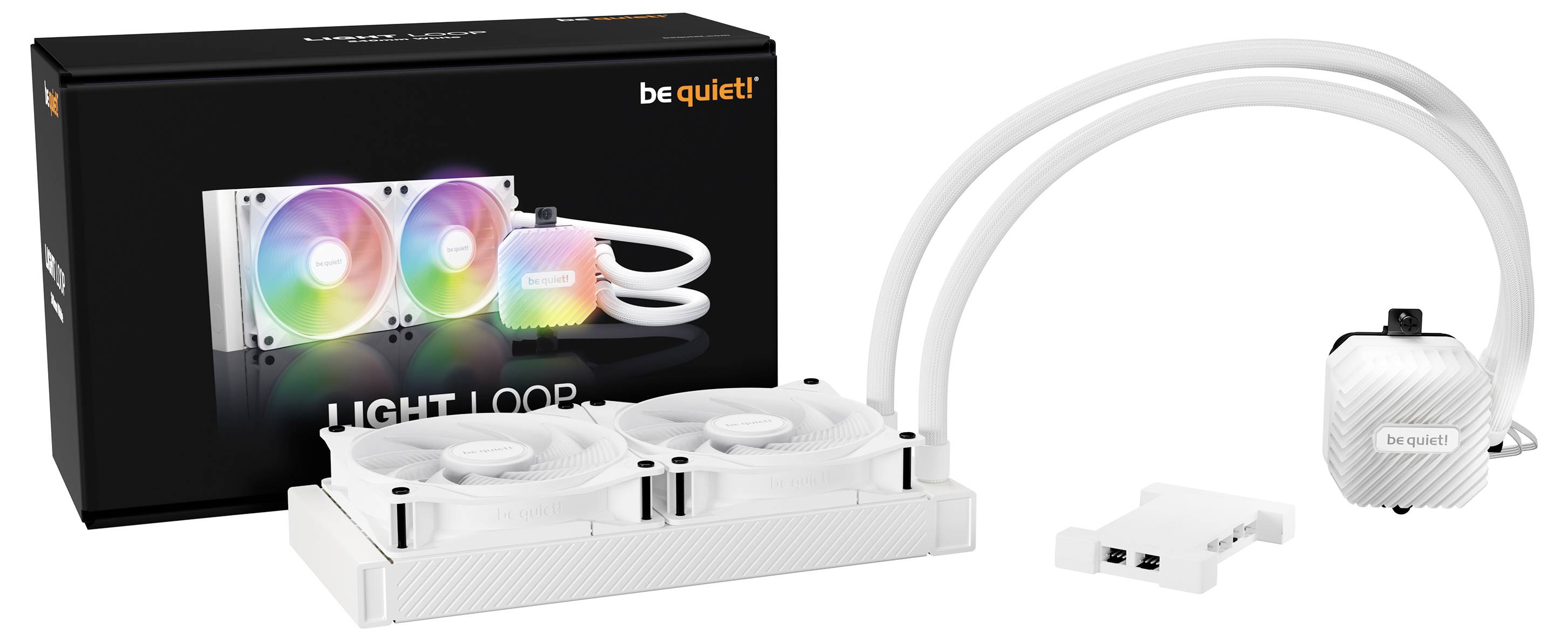 PC-Wasserkühlung in Weiß von 'be quiet!' mit RGB-Beleuchtung. Enthält Kühlkörper, Lüfter, Schläuche und Verpackung mit Produktbild.