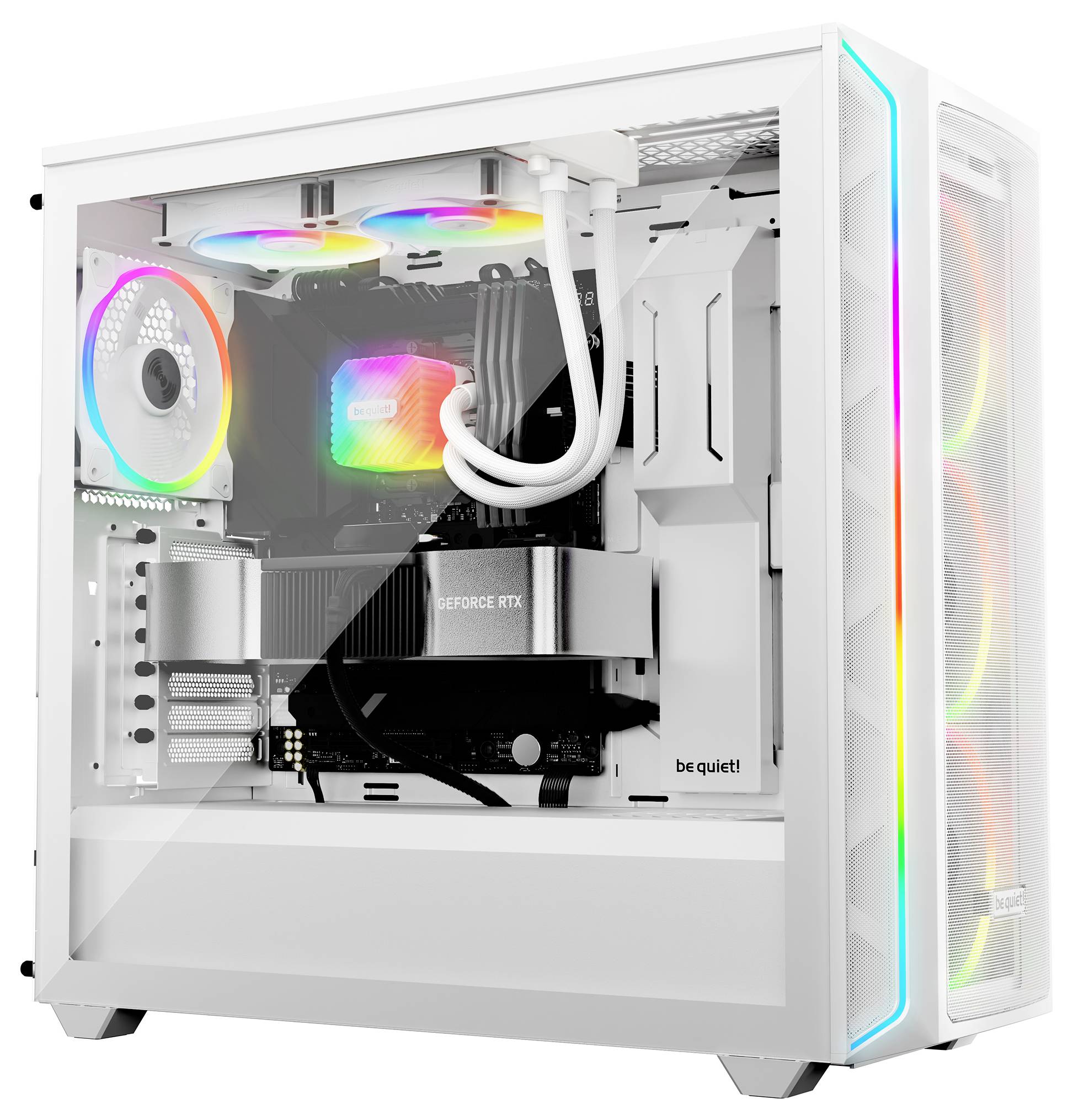 Ein weißer Computer mit transparentem Gehäuse, zeigt bunte RGB-Beleuchtung. Sichtbar sind Lüfter, Grafikkarte und Kabelmanagement.