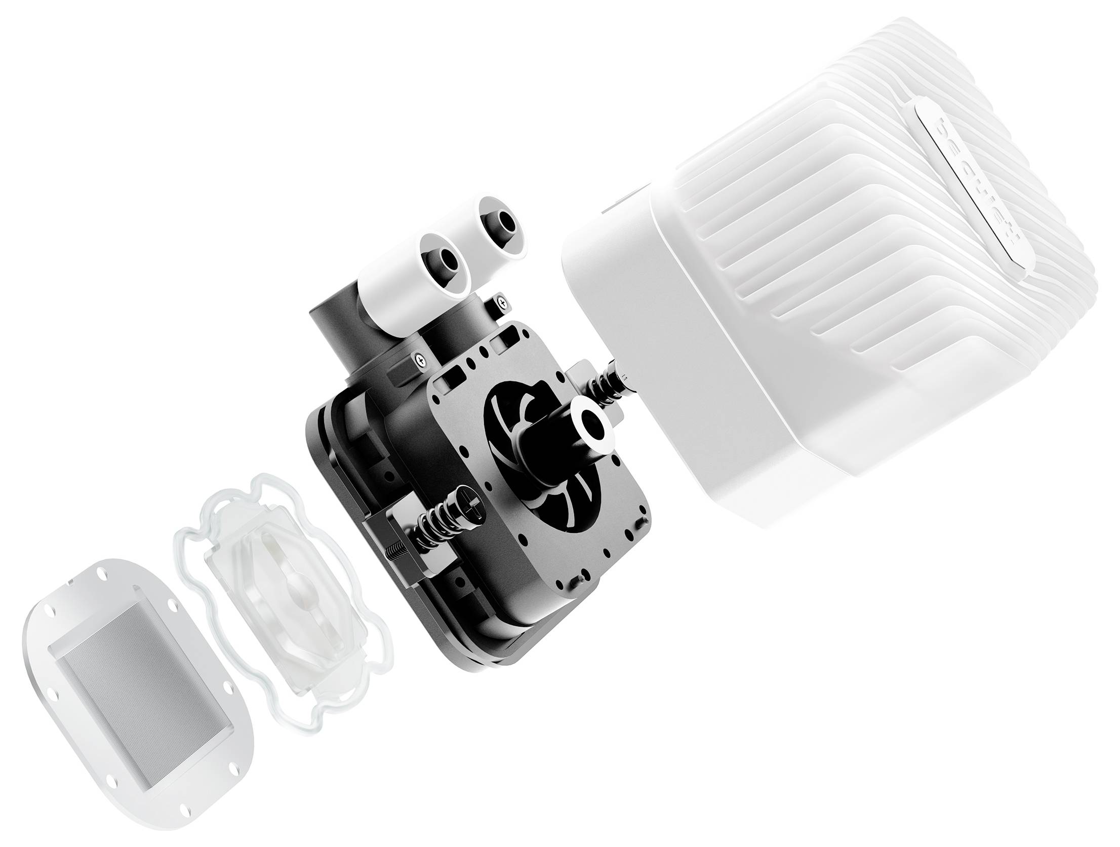 Explosionszeichnung eines komplexen Maschinenbauteils mit mehreren Komponenten, darunter Gehäuse, Dichtungen und Montageelemente.