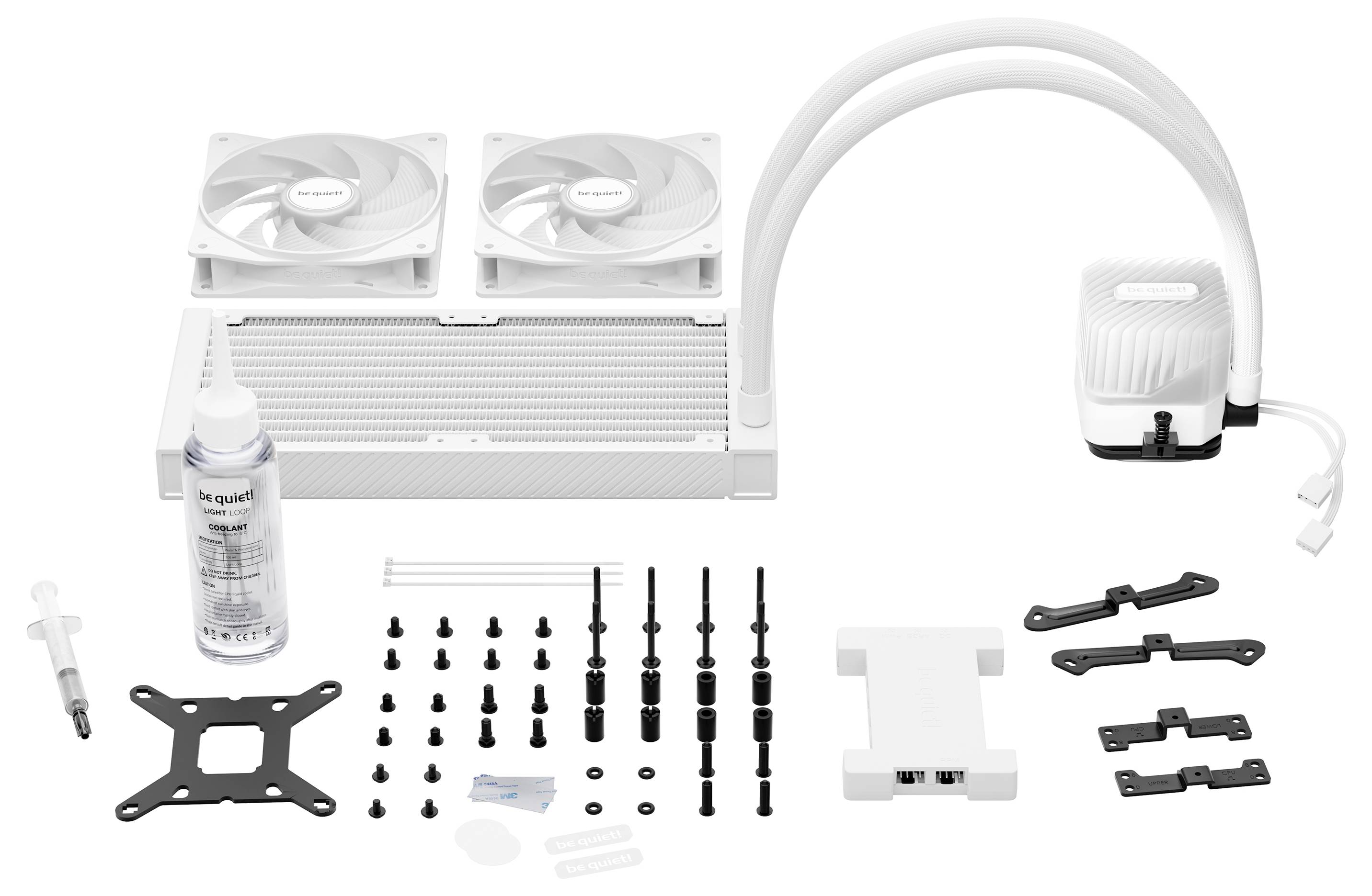 Wasserkühlungssystem-Komplettpaket mit Radiator, Lüftern, Pumpe, Montagezubehör und Kühlmittel zur PC-Kühlung.