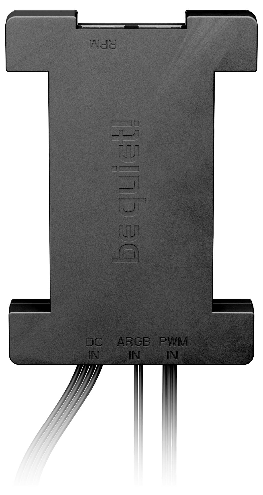 Schwarzer Gehäusedeckel mit Schriftzug 'be quiet!'. Unten Anschlüsse: 'DC IN', 'ARGB IN', 'PWM IN', 'RPM'.
