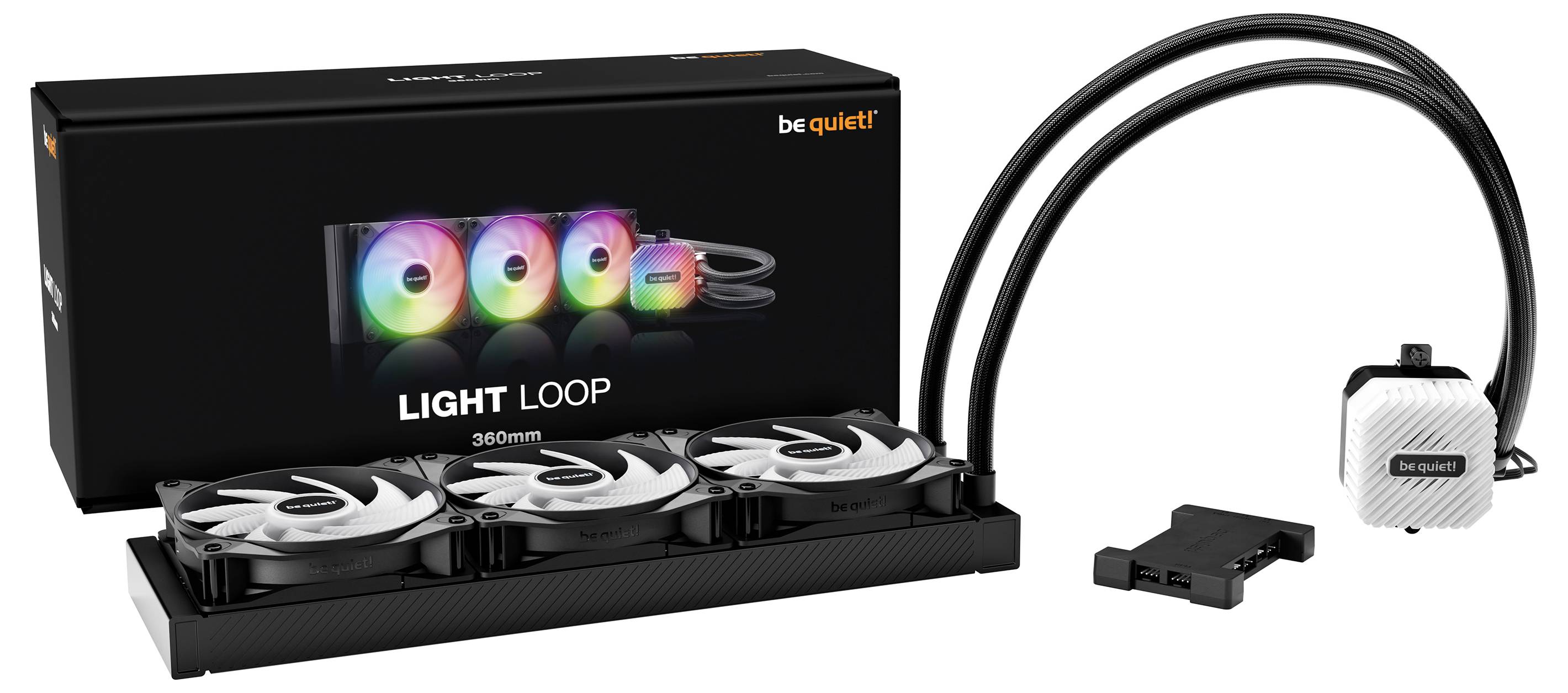 Wasserkühlungssystem mit drei beleuchteten Lüftern. Verpackung zeigt Marke 'be quiet!' und Modell 'Light Loop 360mm'.
