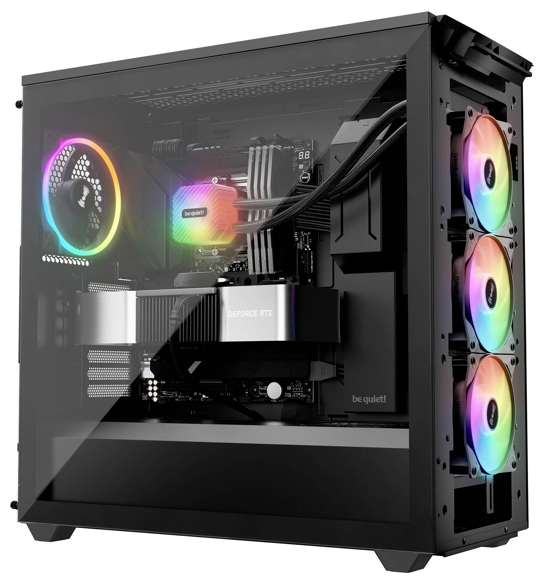 Schwarzes PC-Gehäuse mit Seitenfenster, zeigt RGB-beleuchtete Komponenten und ventilatorgekühlte Grafikkarte.
