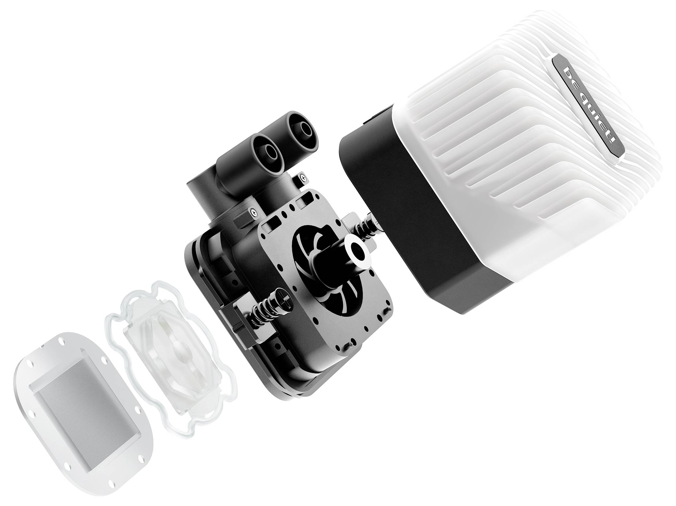 Explosionszeichnung eines mehrstufigen Luftfilters, bestehend aus mehreren schwarzen und weißen Komponenten mit einer Dichtung links.