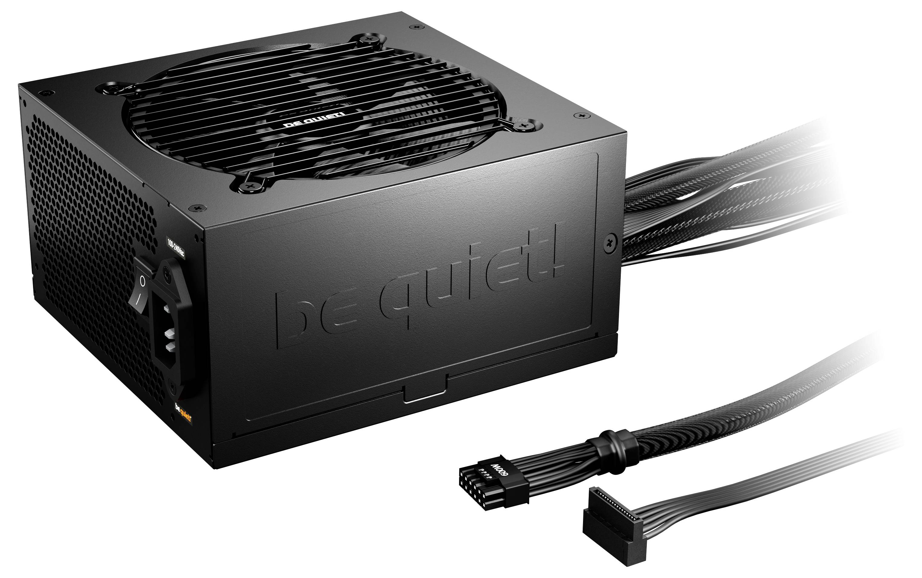 Ein schwarzes PC-Netzteil der Marke 'be quiet!' mit Lüfter und mehreren Stromkabeln für den Anschluss an Computerkomponenten.