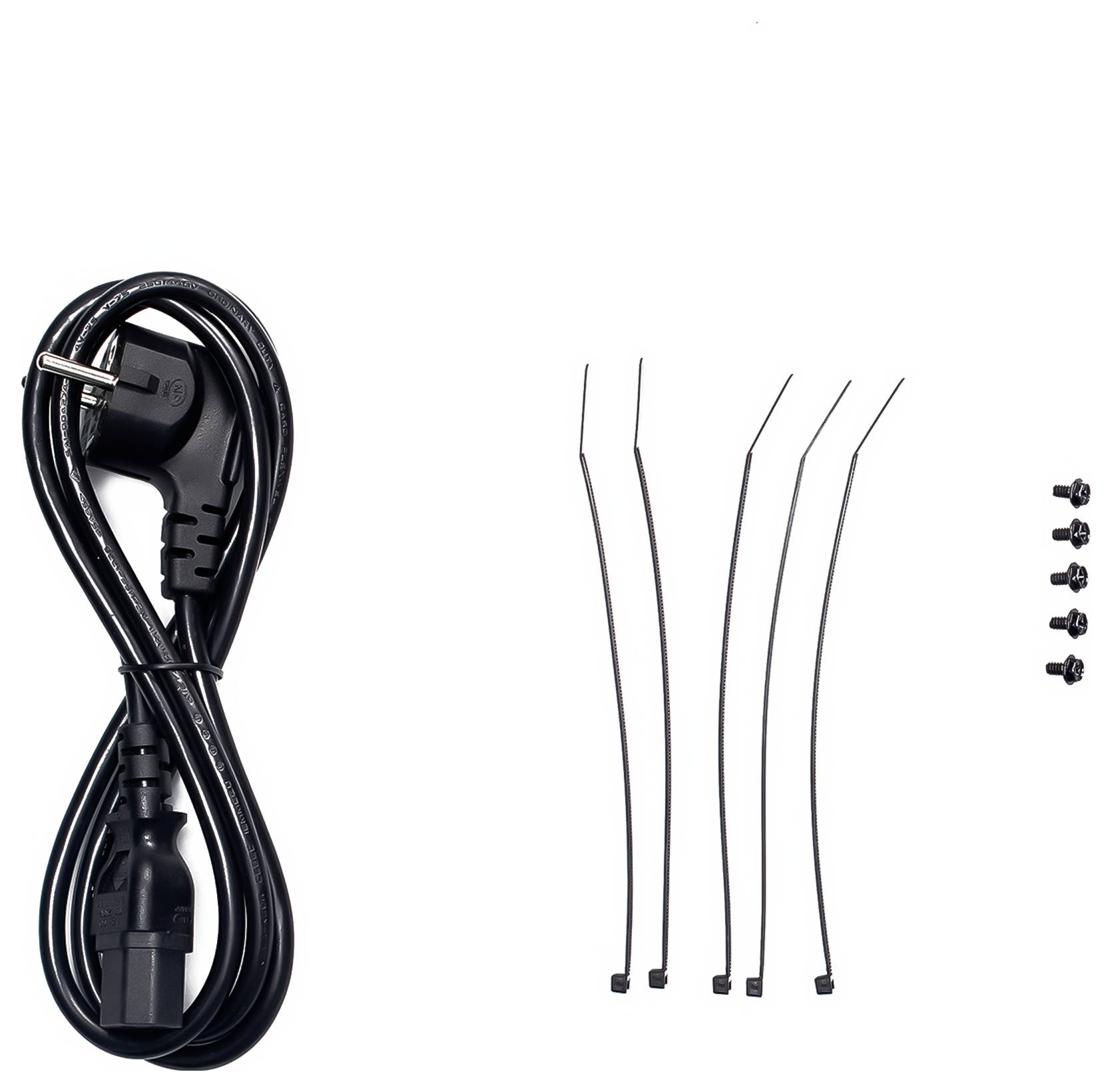 Ein Netzkabel links, daneben vier Kabelbinder und vier kleine Schrauben rechts auf weißem Hintergrund.