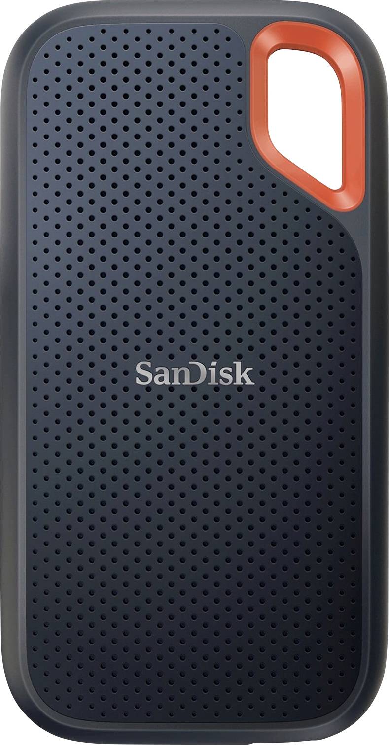 Externe SSD-Festplatte von SanDisk mit dunkelgrauem Gehäuse und orangefarbenem Akzent am oberen Rand.