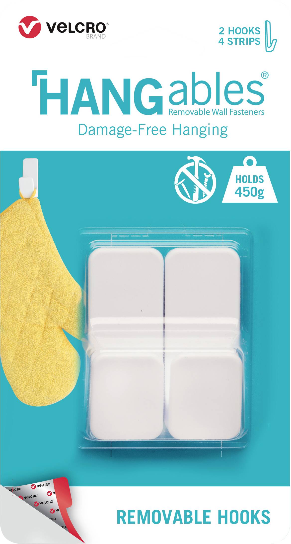 Abbildung einer Verpackung mit herausnehmbaren Haken. Enthält zwei Haken und vier Streifen, belastbar bis 450 g, markenbezogen.