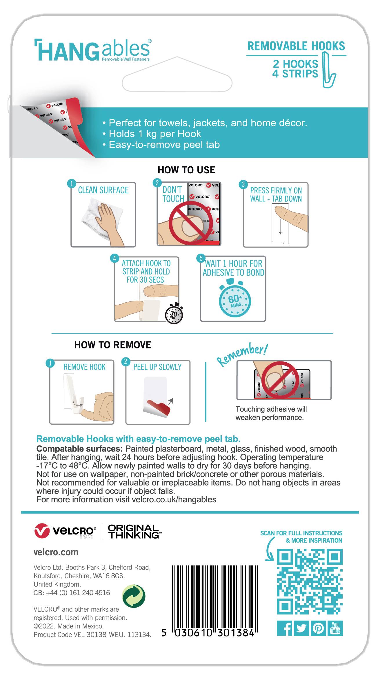 'Hangables' abziehbare Haken, 2 Haken, 4 Streifen. Anleitung: Oberflächen reinigen, Schutzfolie entfernen, fest drücken, 1 Stunde warten. Entfernen: Haken abheben, Streifen ziehen.