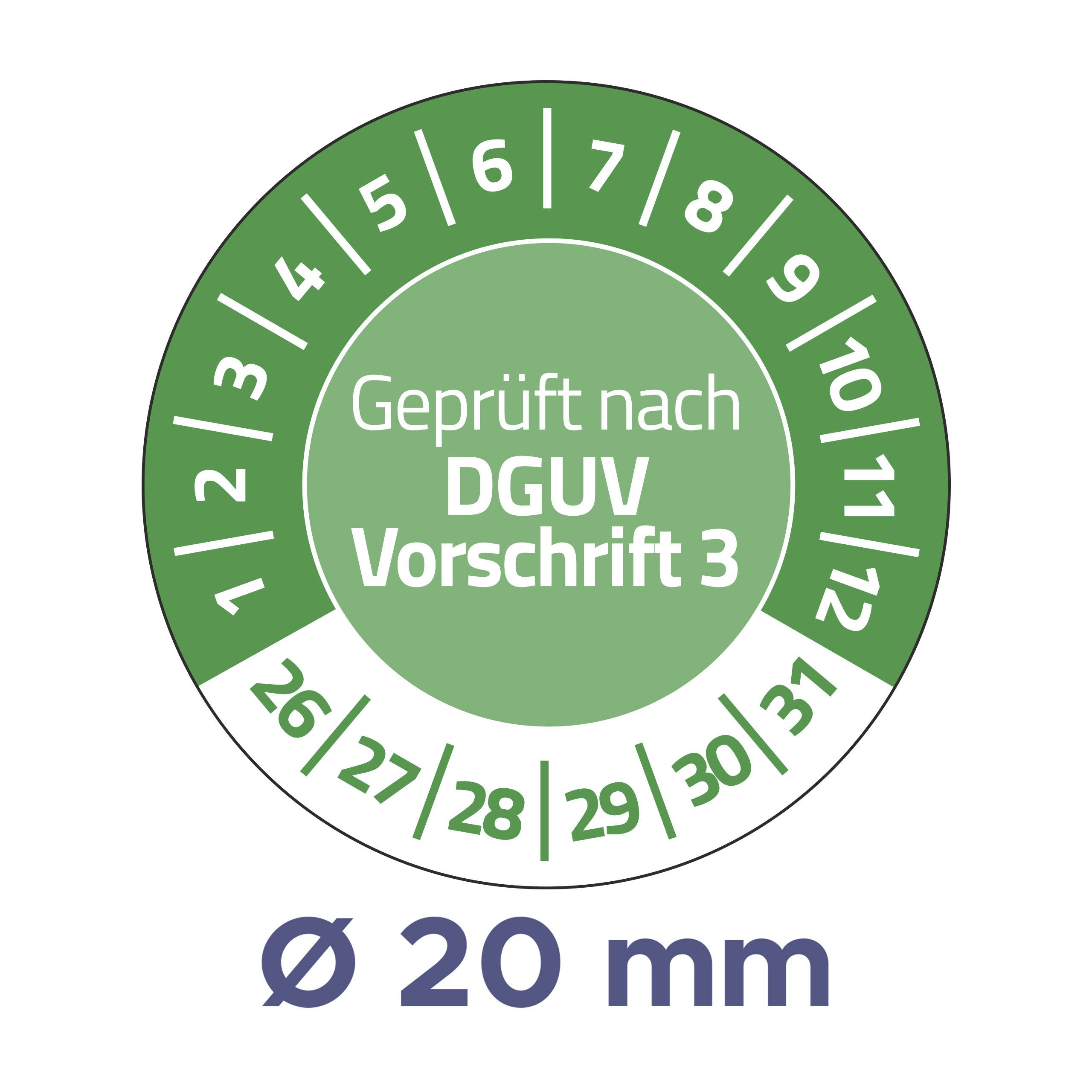 'Geprüft nach DGUV Vorschrift 3' steht im Zentrum eines grünen Prüfsiegels mit den Zahlen 1 bis 12 in einem Ring, Ø 20 mm.