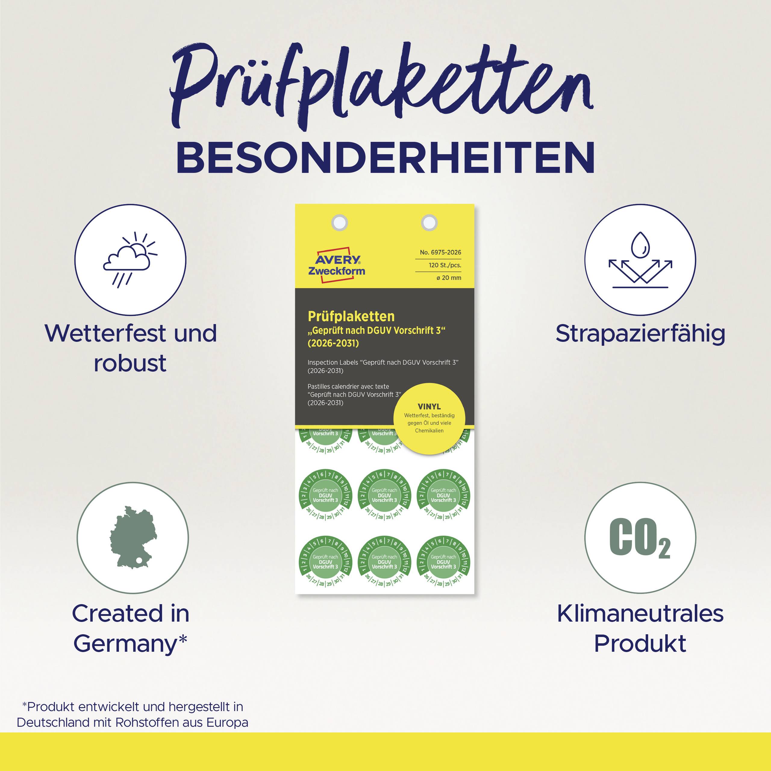 Avery Zweckform Prüfplaketten Besonderheiten: Wetterfest, robust, strapazierfähig, klimaneutral. Made in Germany.
