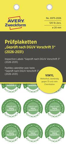Avery-Zweckform 6975-2026 Prüfplakette Geprüft nach DGUV Vorschrift 3 Grün Folie selbstklebend