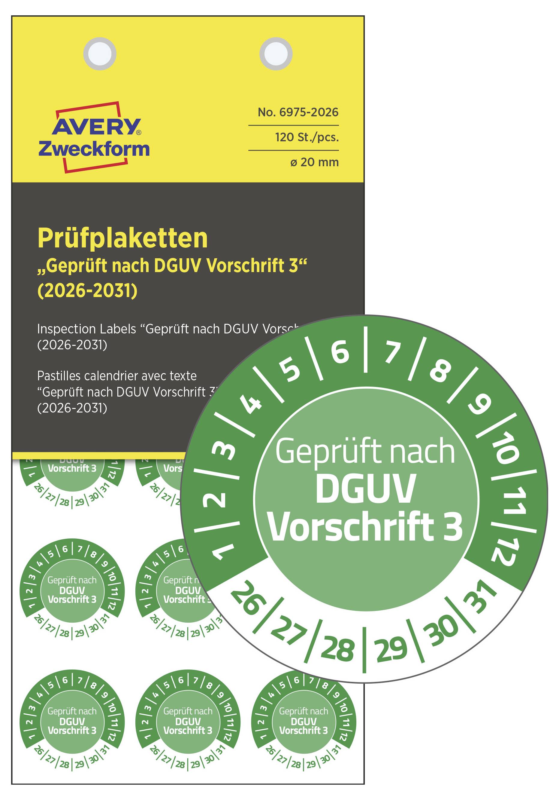 Prüfplaketten in Grün mit Aufschrift 'Geprüft nach DGUV Vorschrift 3 (2026-2031)'. Verpackung zeigt Hersteller und Produktinformationen.