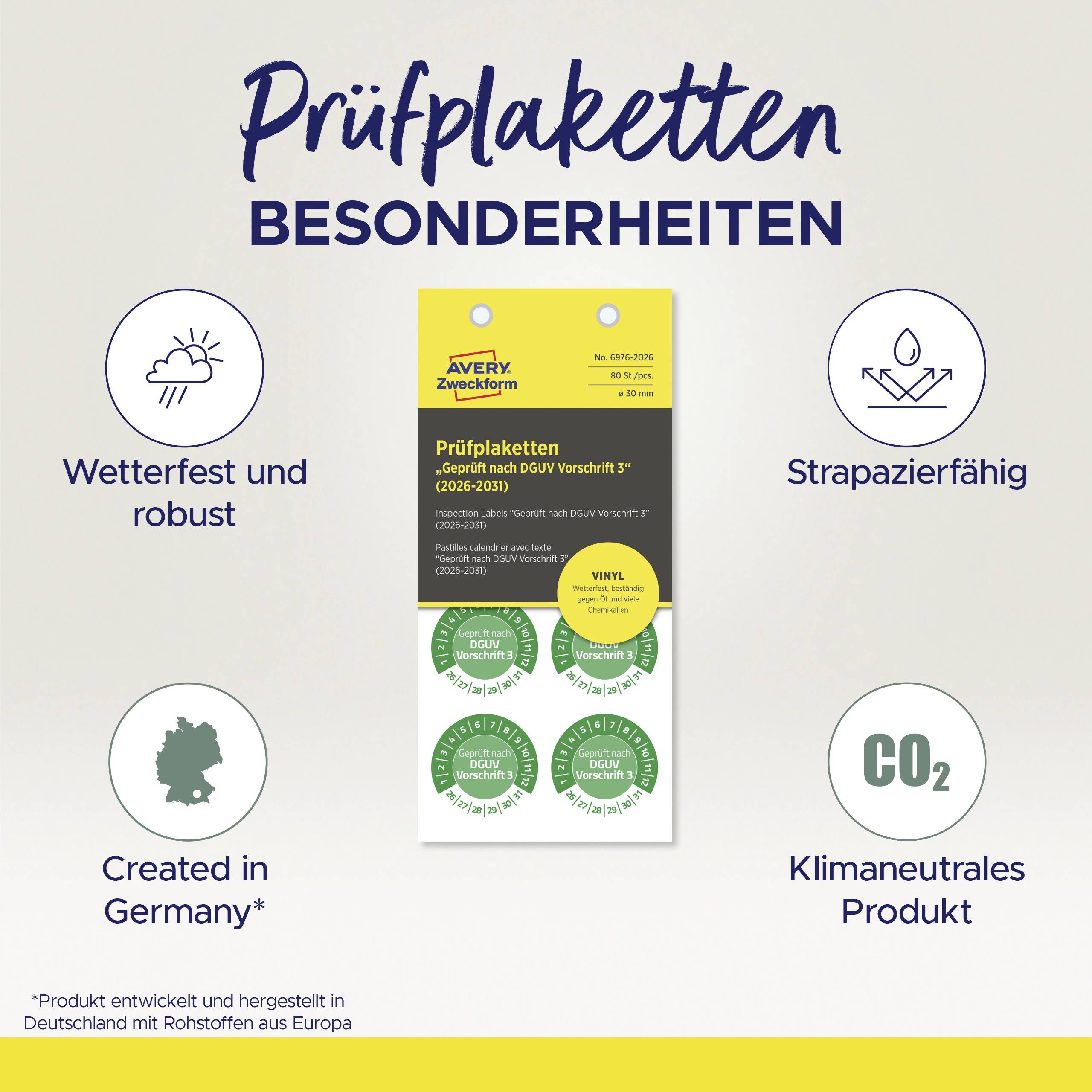 'Prüfplaketten Besonderheiten': Wetterfest, robust, strapazierfähig, in Deutschland entwickelt, klimaneutrales Produkt.