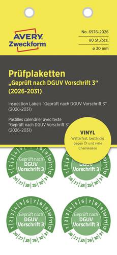 Avery-Zweckform 6976-2026 Prüfplakette Geprüft nach DGUV Vorschrift 3 Grün Folie selbstklebend