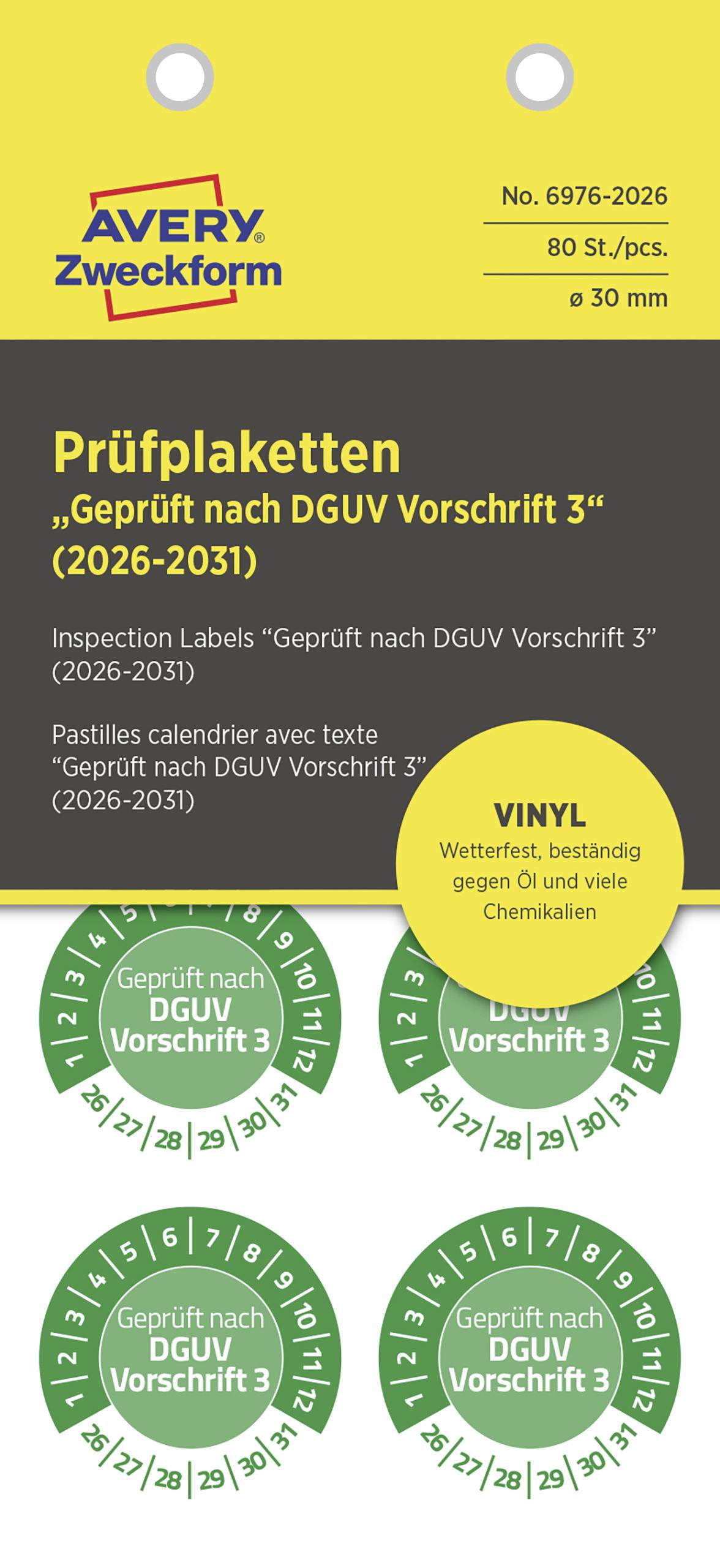 Verpackung mit Prüfplaketten 'Geprüft nach DGUV Vorschrift 3' für 2026-2031, hergestellt von Avery Zweckform, 80 Stück.