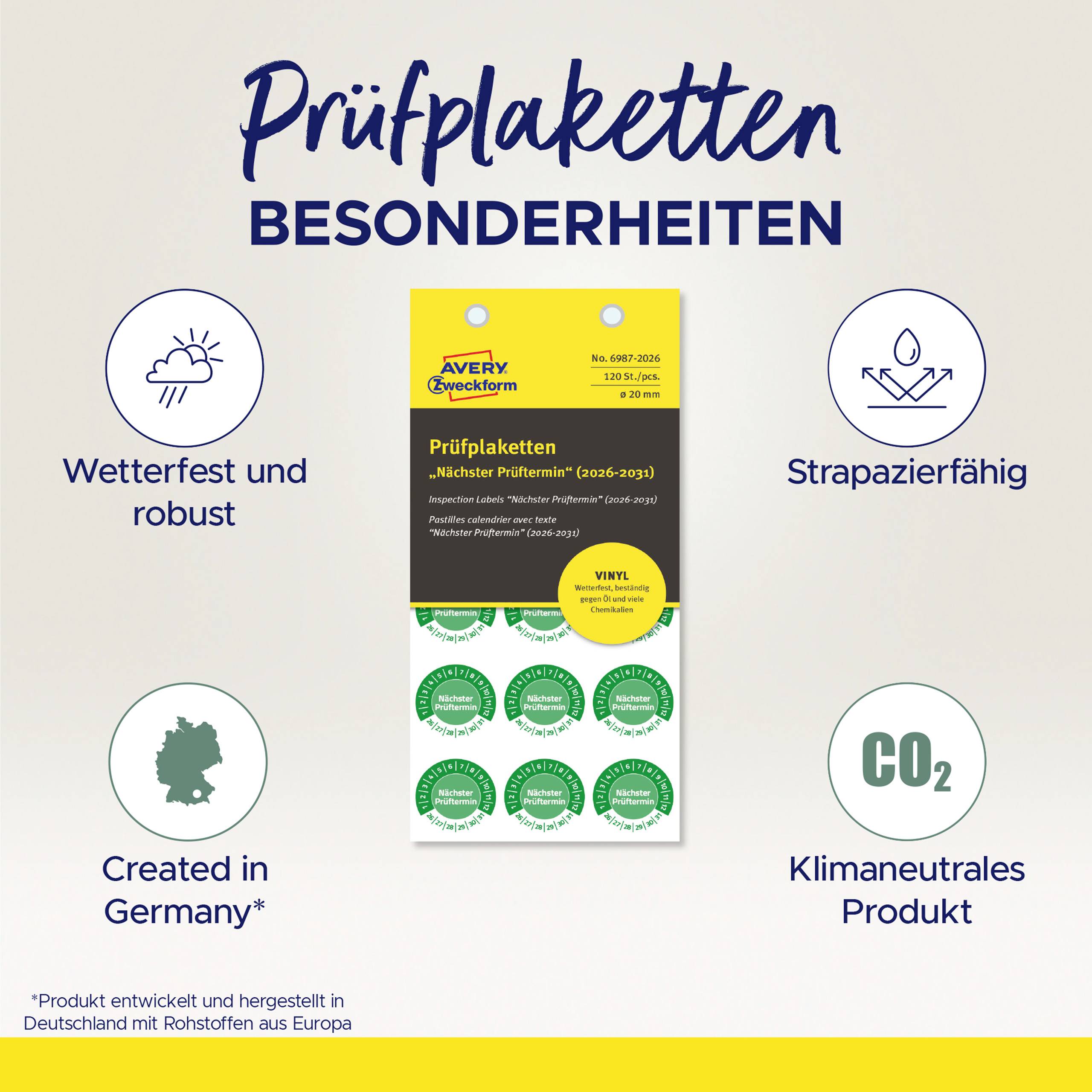 Prüfplaketten, Besondere Eigenschaften: Wetterfest und robust, Strapazierfähig, Created in Germany, Klimaneutrales Produkt.
